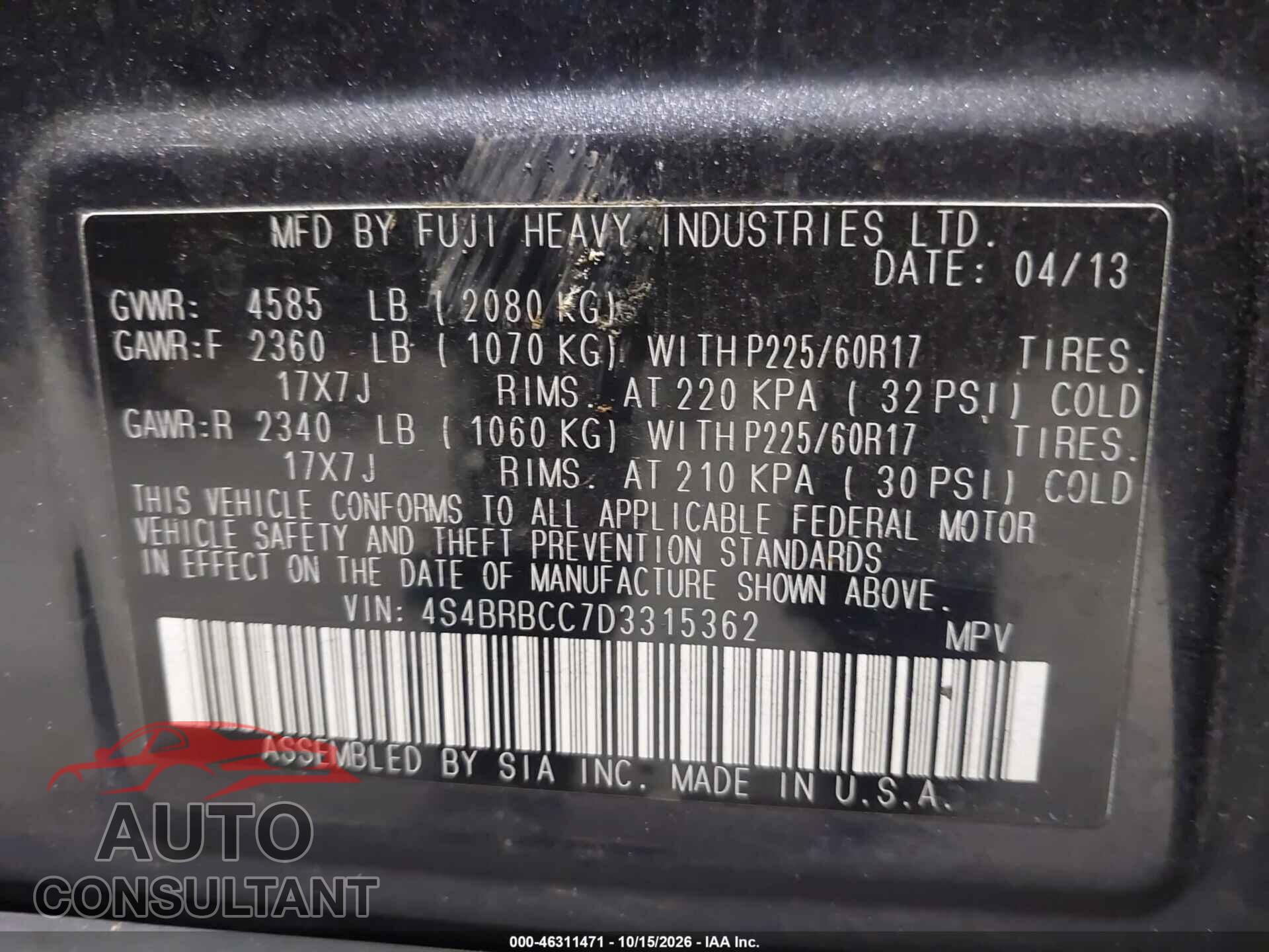 SUBARU OUTBACK 2013 - 4S4BRBCC7D3315362