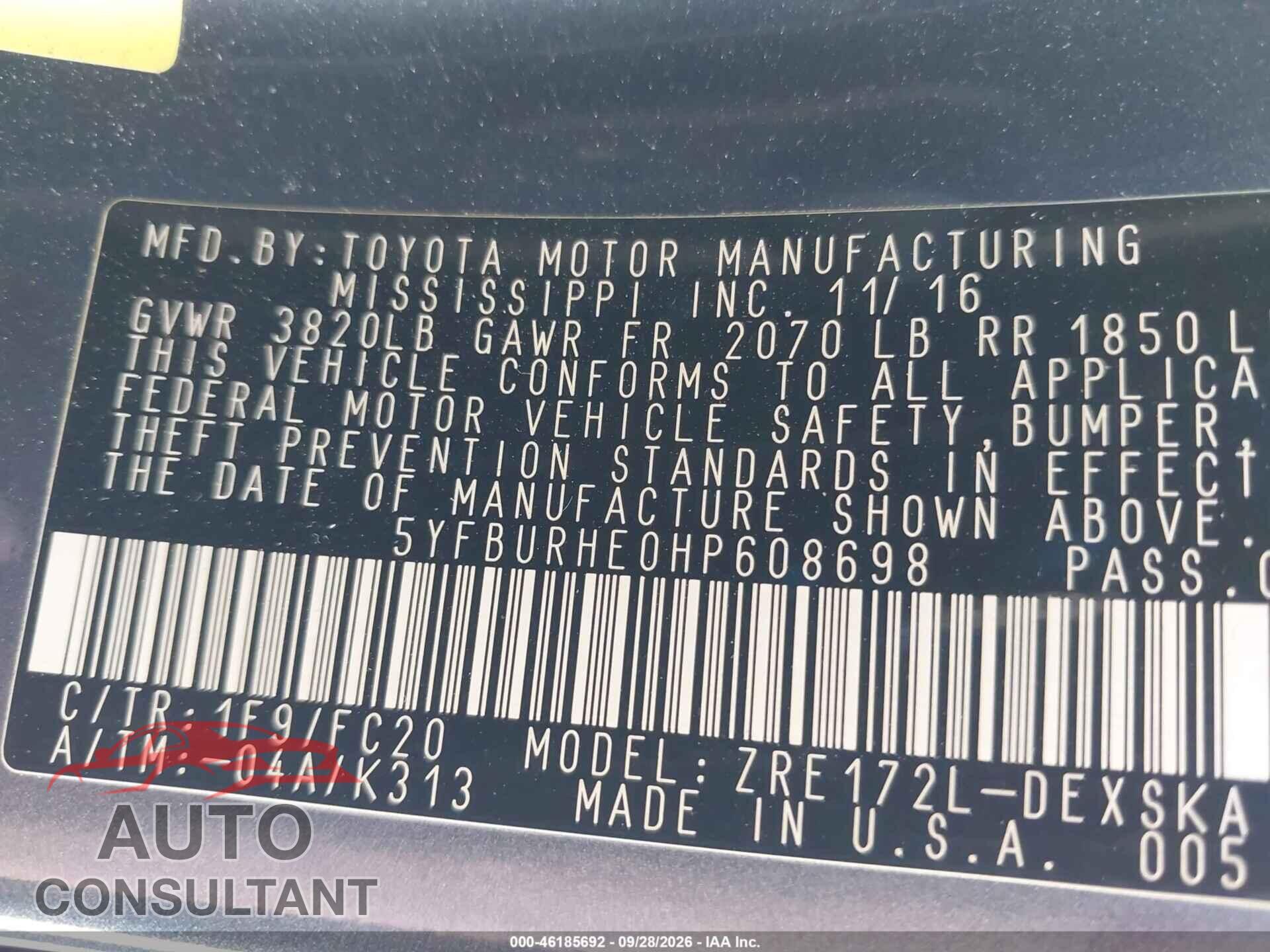 TOYOTA COROLLA 2017 - 5YFBURHE0HP608698