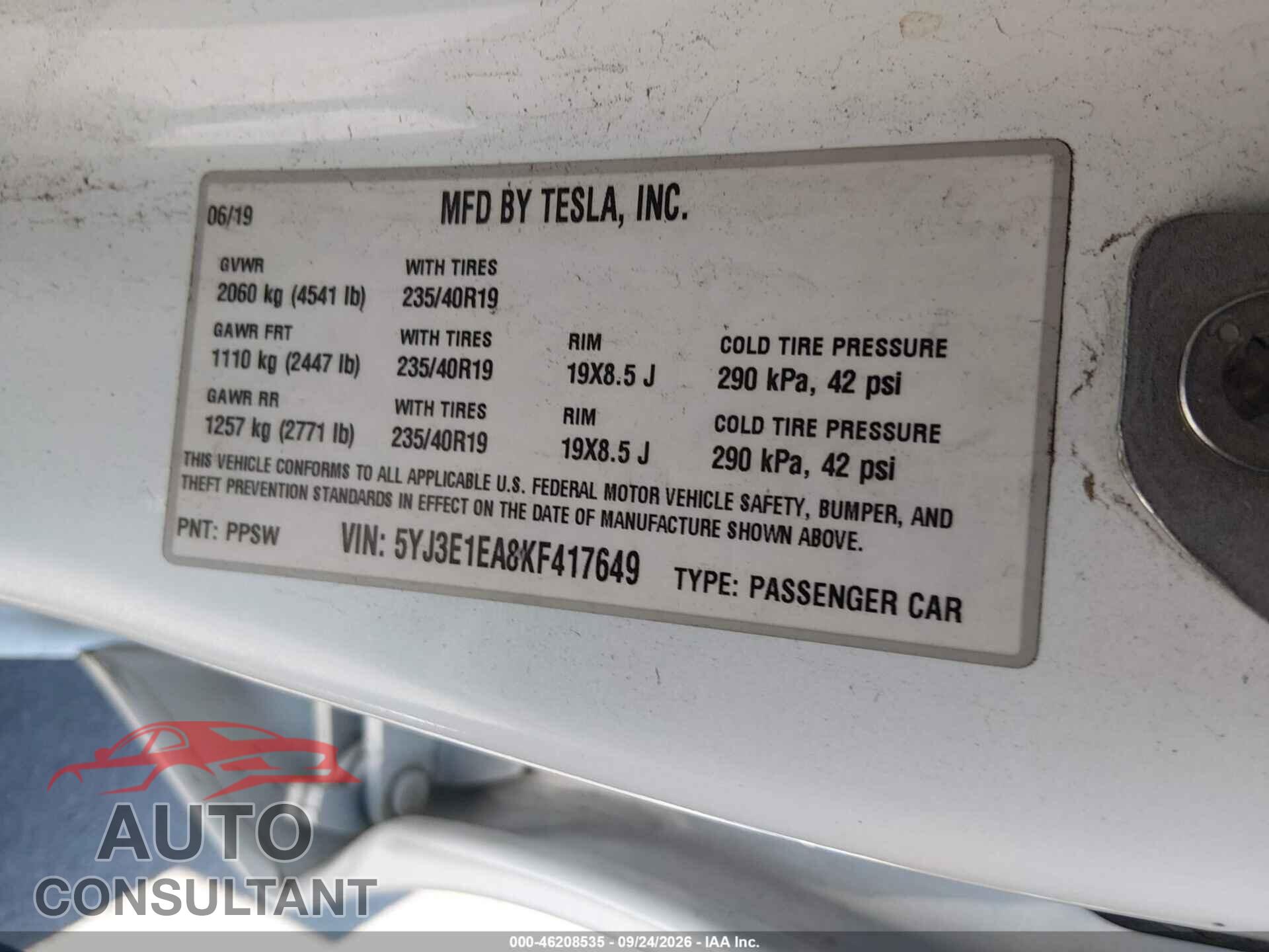 TESLA MODEL 3 2019 - 5YJ3E1EA8KF417649