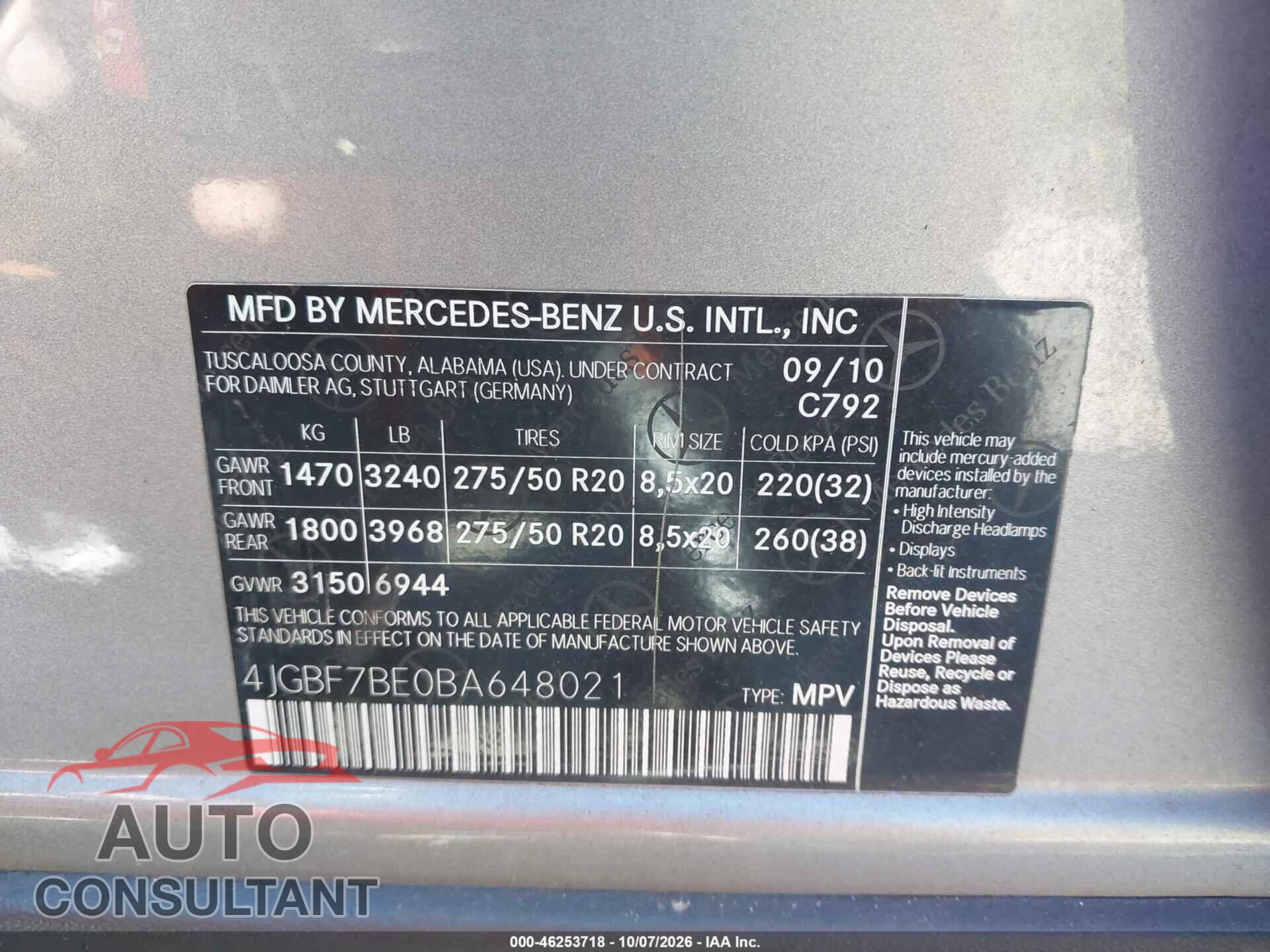 MERCEDES-BENZ GL 450 2011 - 4JGBF7BE0BA648021