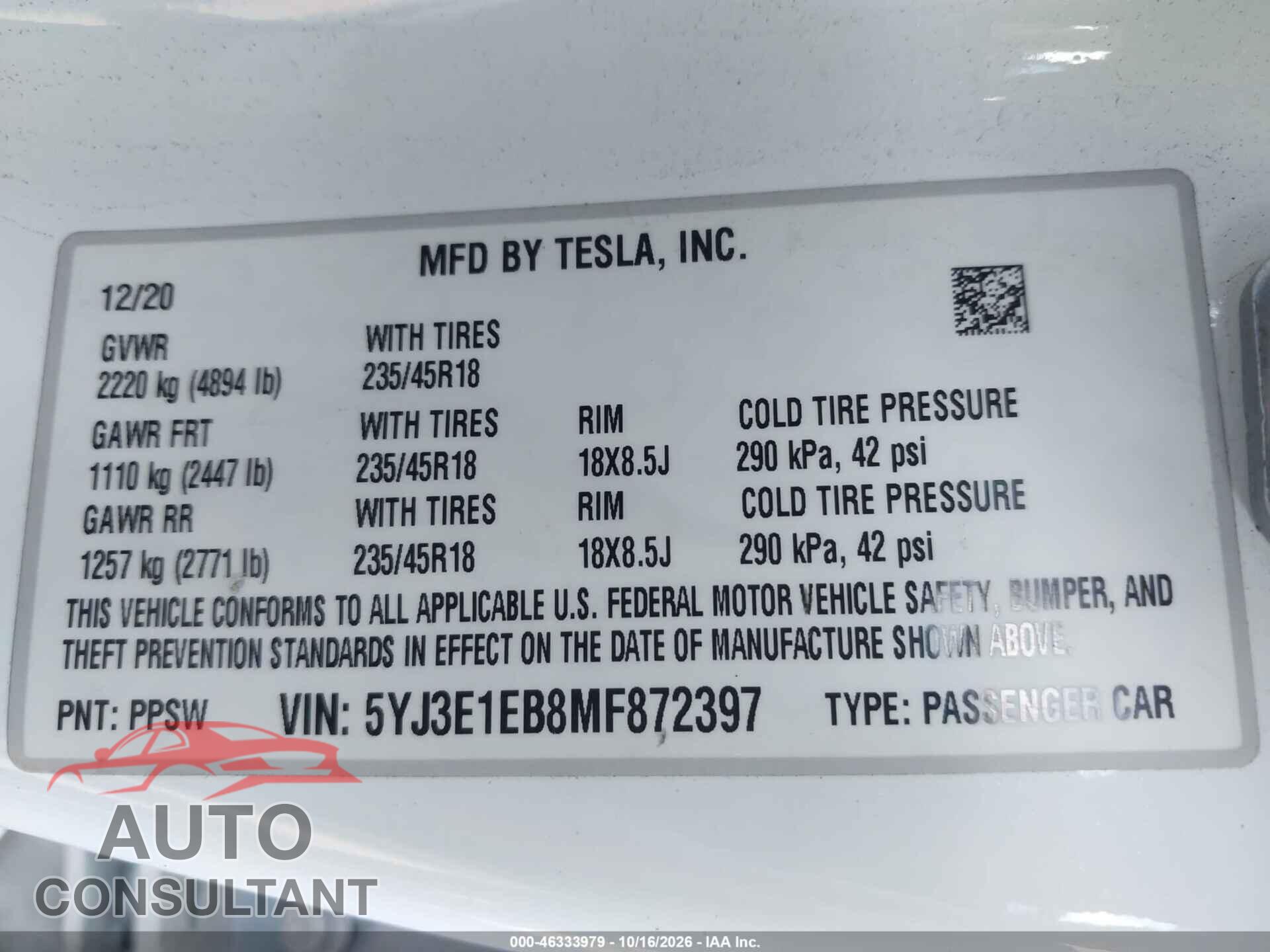 TESLA MODEL 3 2021 - 5YJ3E1EB8MF872397