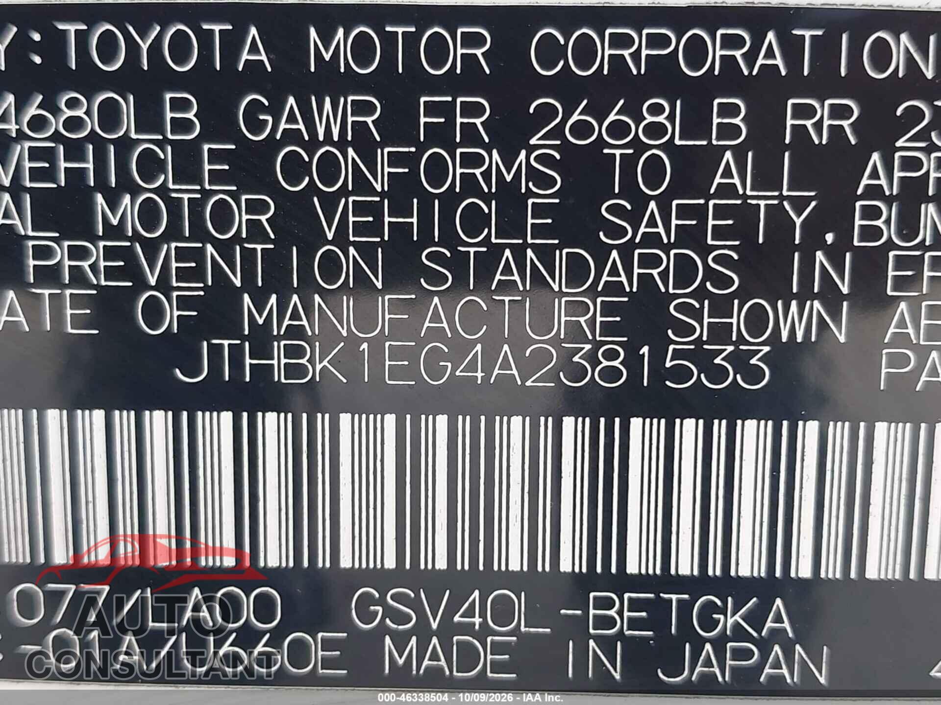 LEXUS ES 350 2010 - JTHBK1EG4A2381533