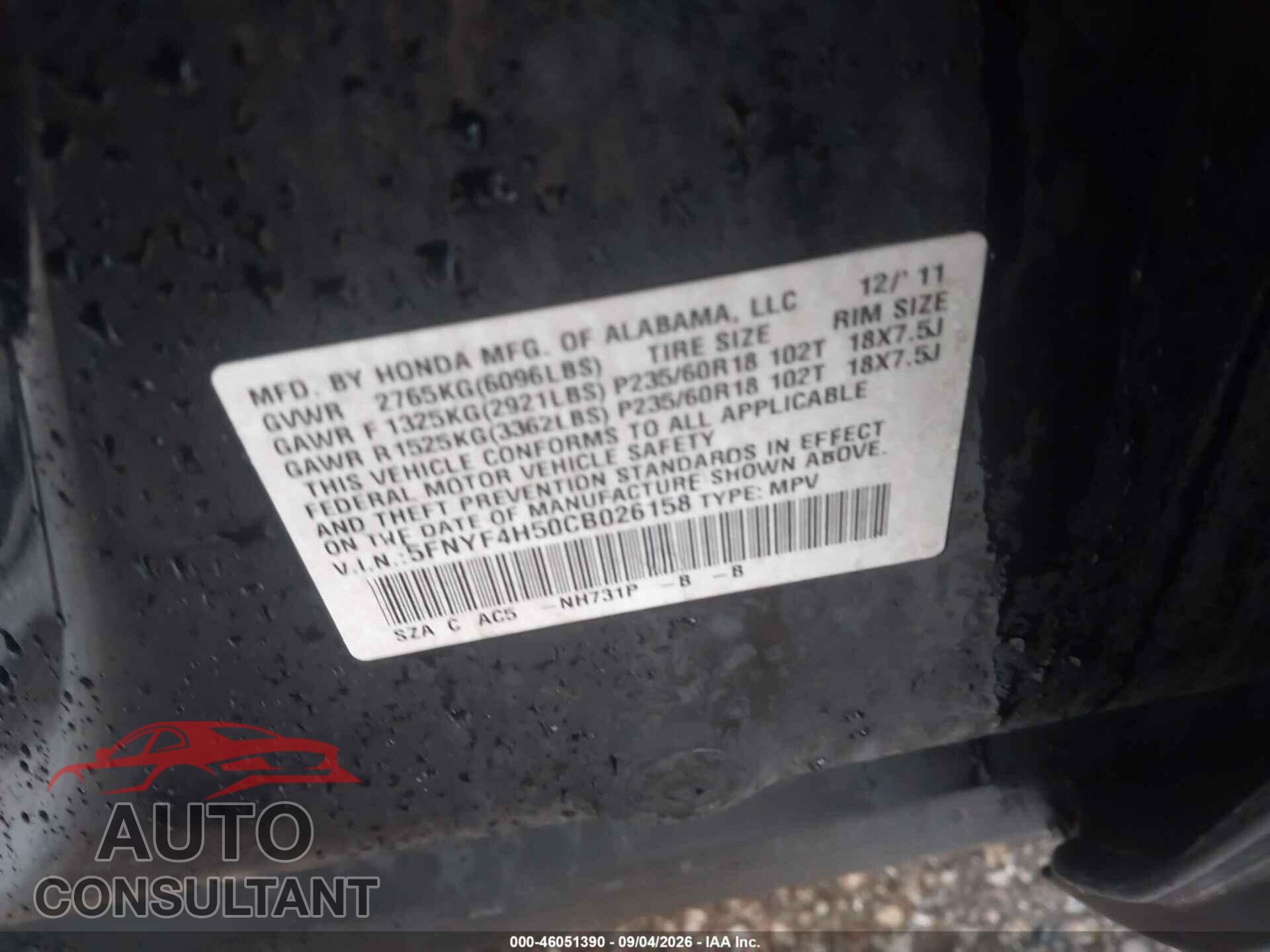 HONDA PILOT 2012 - 5FNYF4H50CB026158