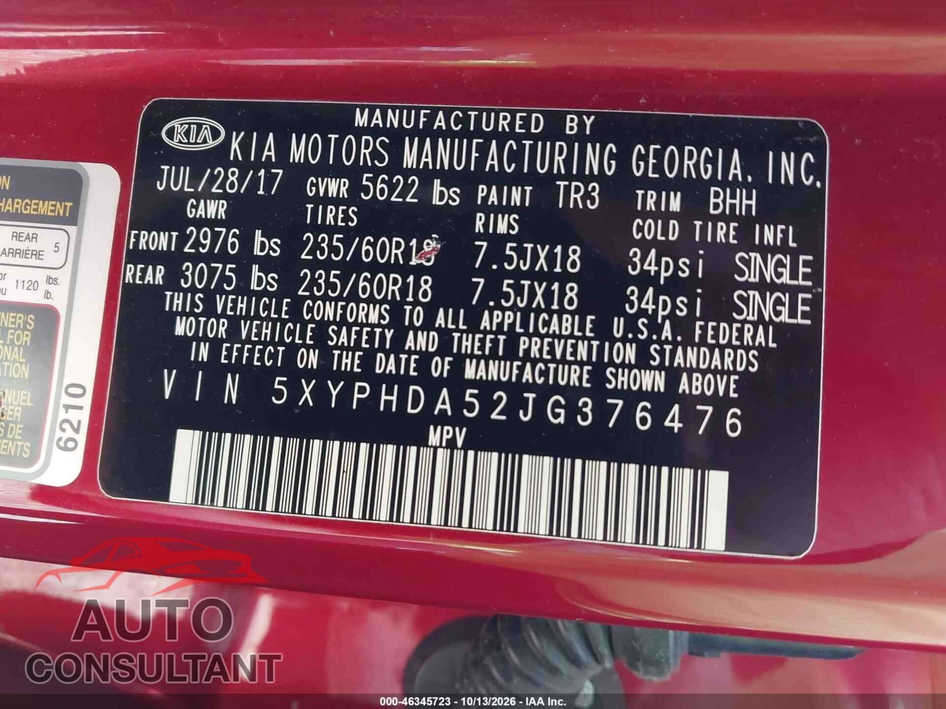 KIA SORENTO 2018 - 5XYPHDA52JG376476