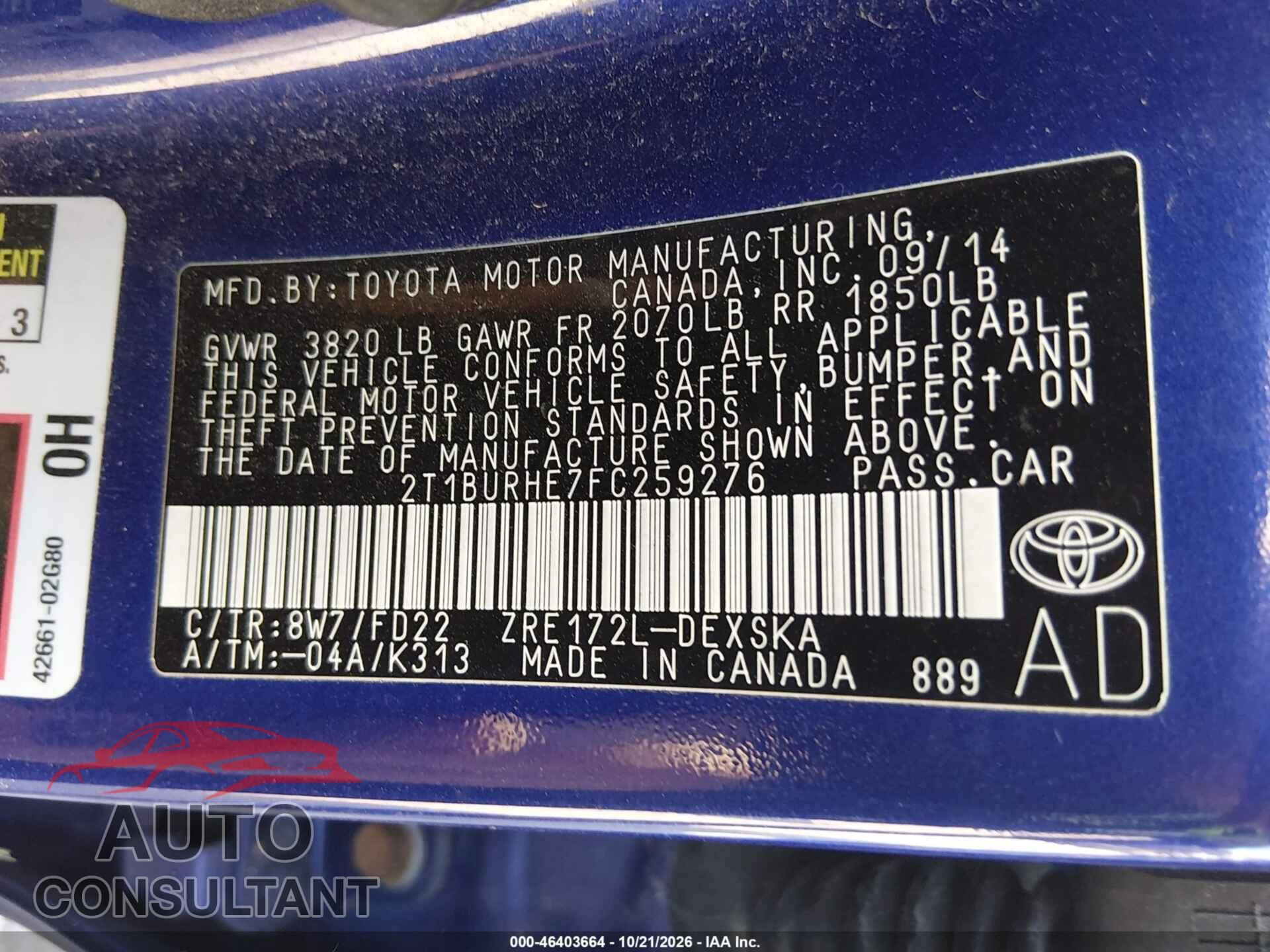 TOYOTA COROLLA 2015 - 2T1BURHE7FC259276