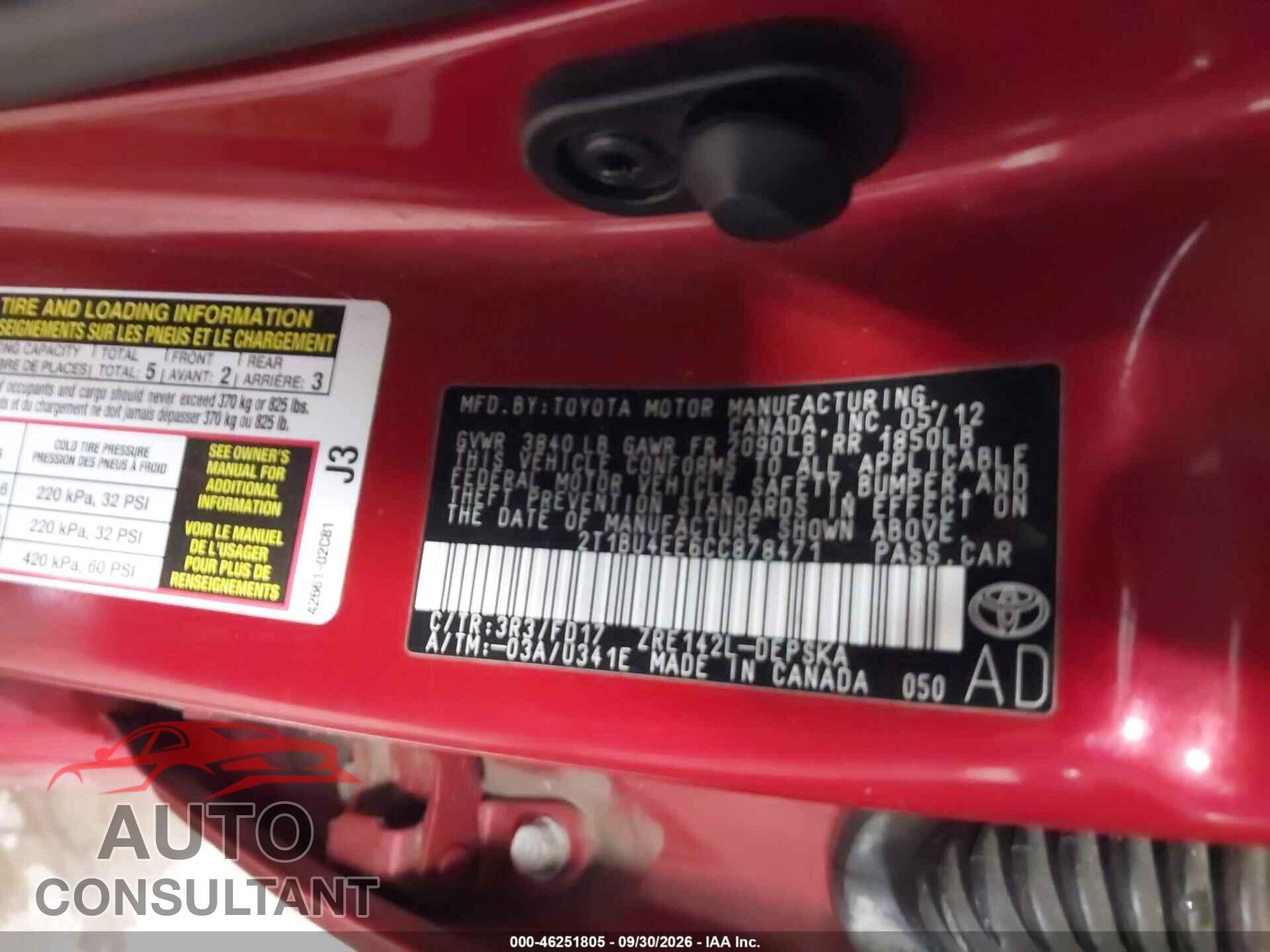 TOYOTA COROLLA 2012 - 2T1BU4EE6CC878471