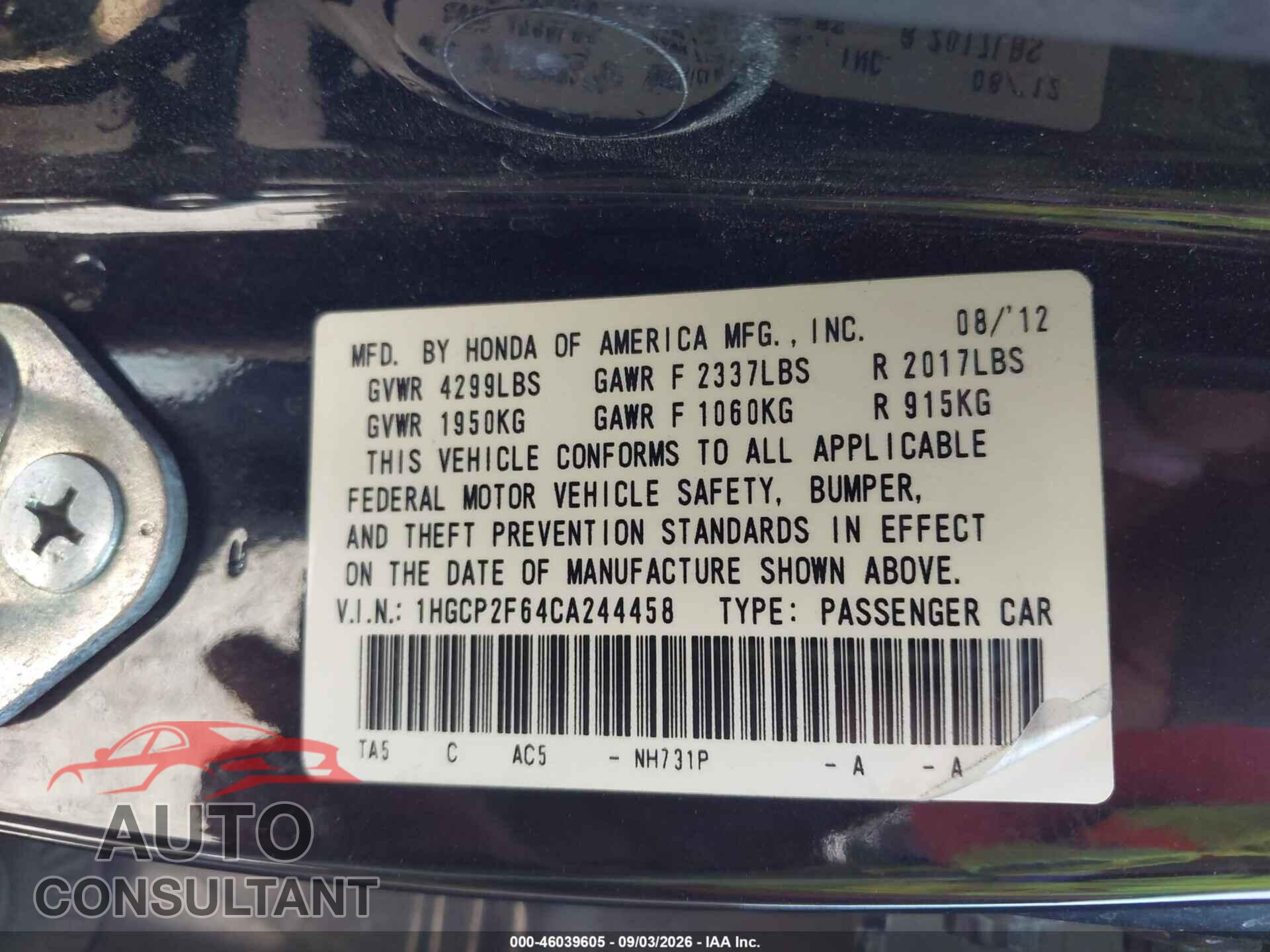 HONDA ACCORD 2012 - 1HGCP2F64CA244458