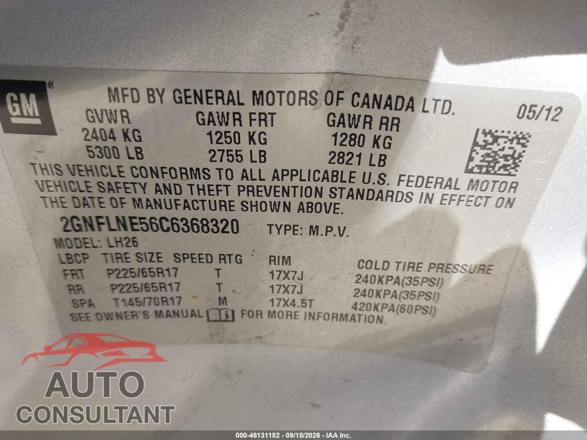 CHEVROLET EQUINOX 2012 - 2GNFLNE56C6368320