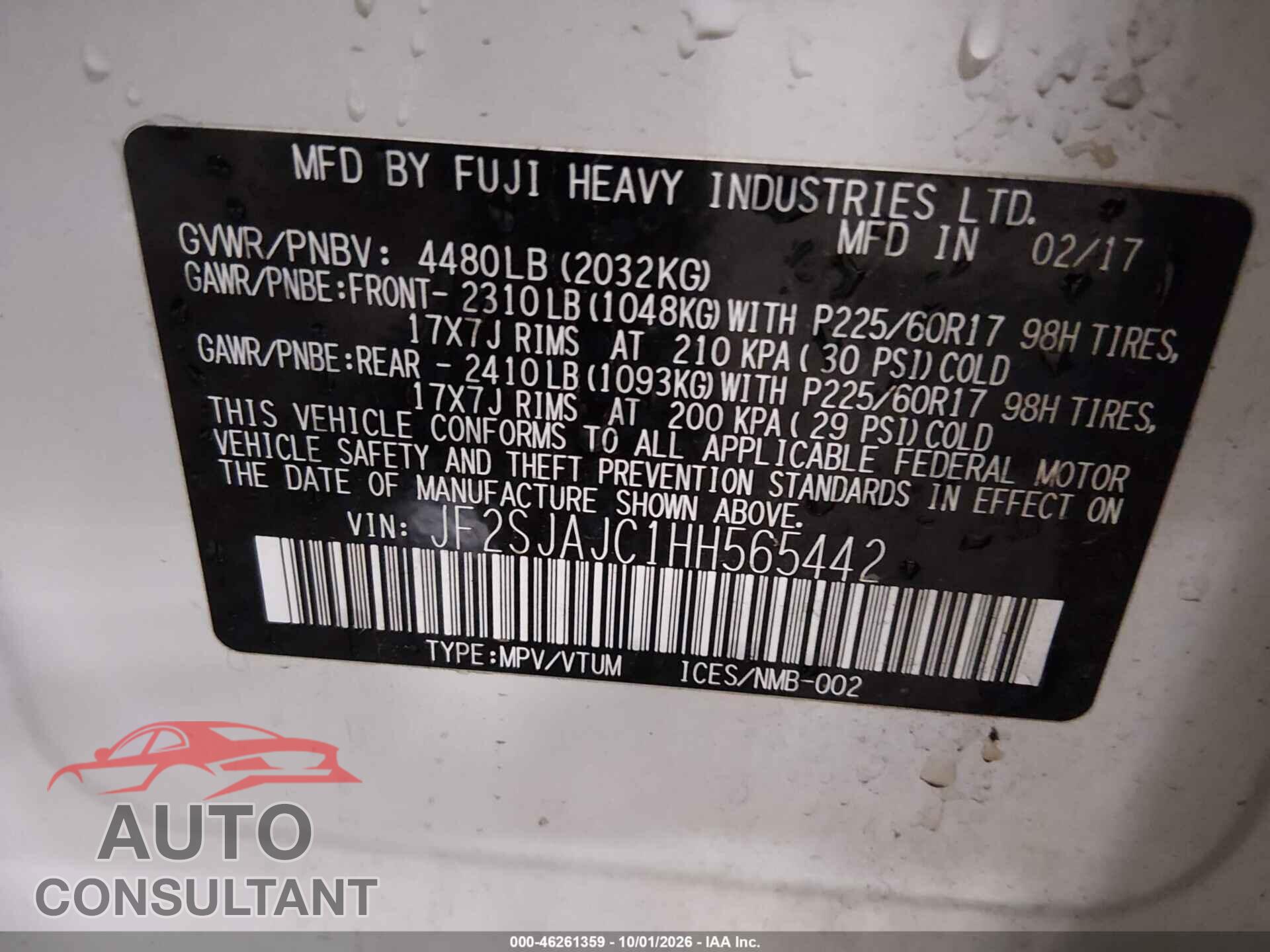 SUBARU FORESTER 2017 - JF2SJAJC1HH565442