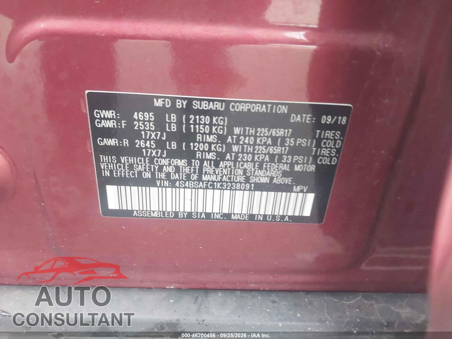 SUBARU OUTBACK 2019 - 4S4BSAFC1K3238091