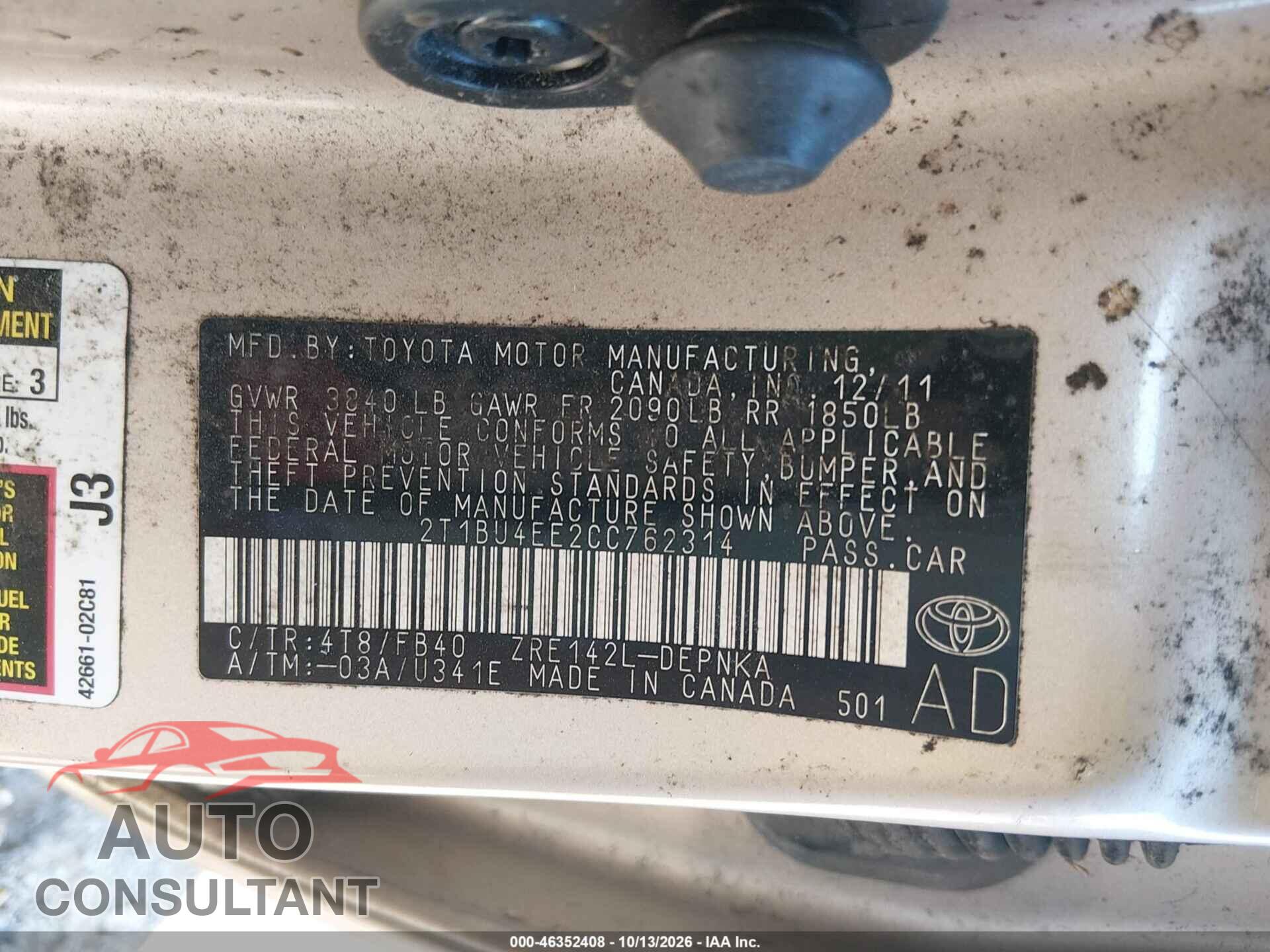 TOYOTA COROLLA 2012 - 2T1BU4EE2CC762314