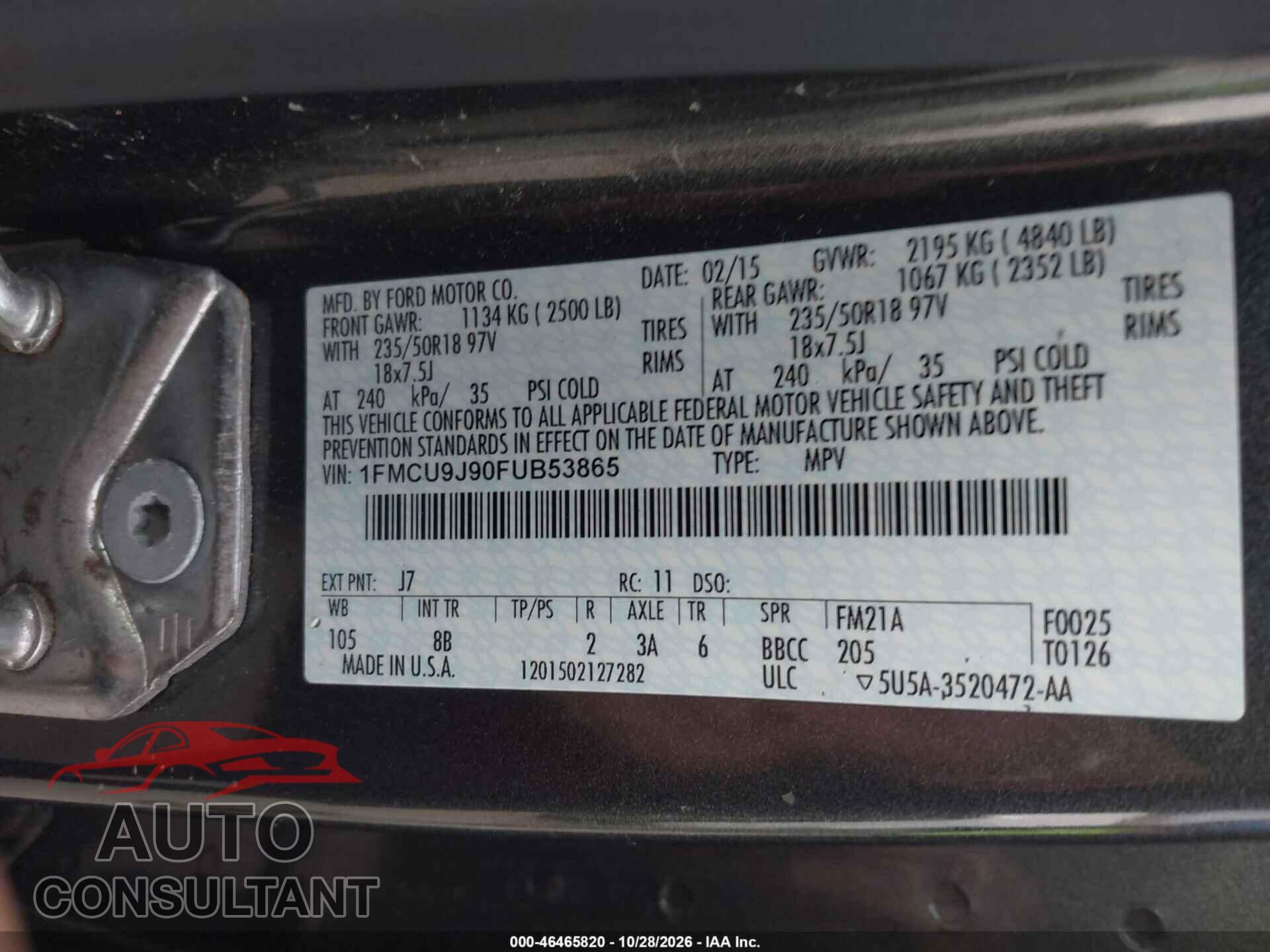 FORD ESCAPE 2015 - 1FMCU9J90FUB53865