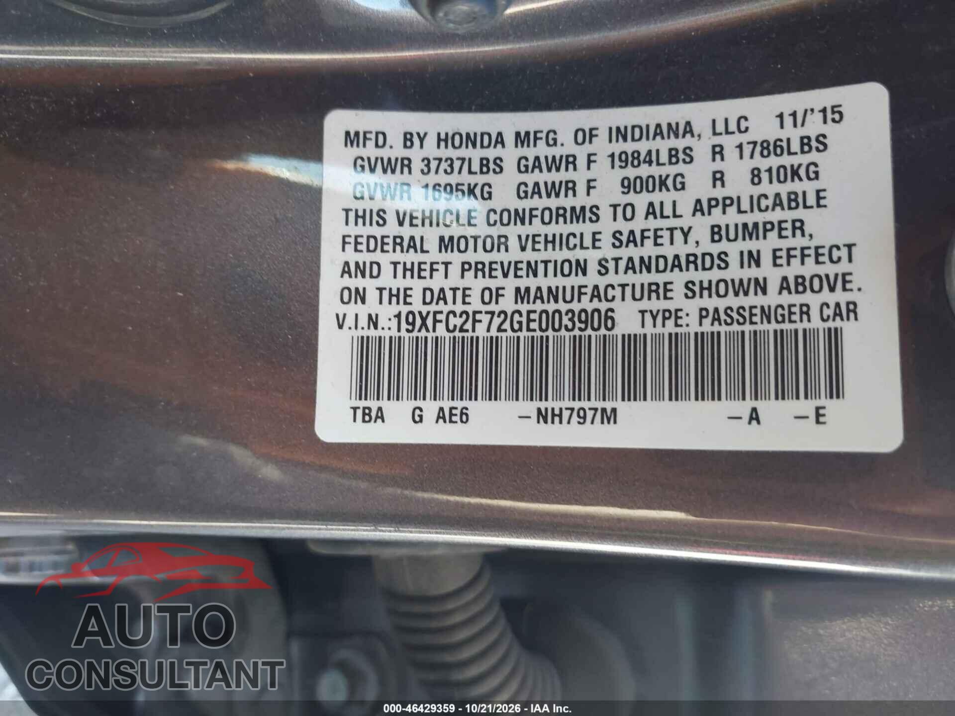 HONDA CIVIC 2016 - 19XFC2F72GE003906