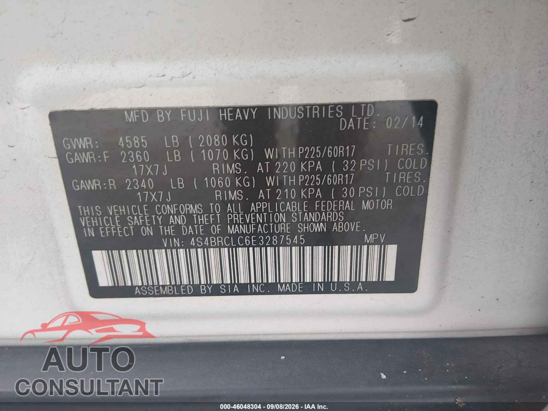 SUBARU OUTBACK 2014 - 4S4BRCLC6E3287545