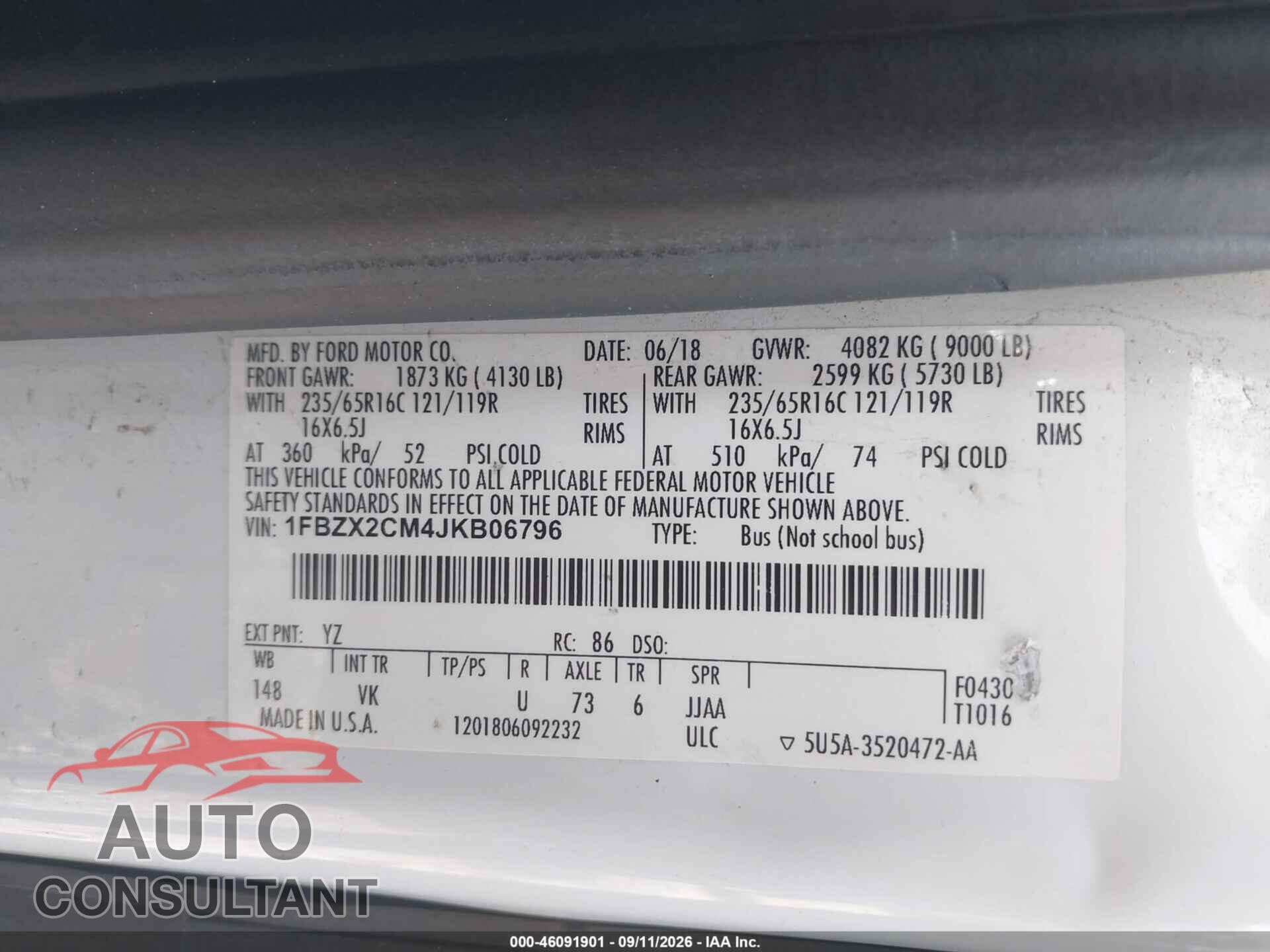 FORD TRANSIT-350 2018 - 1FBZX2CM4JKB06796