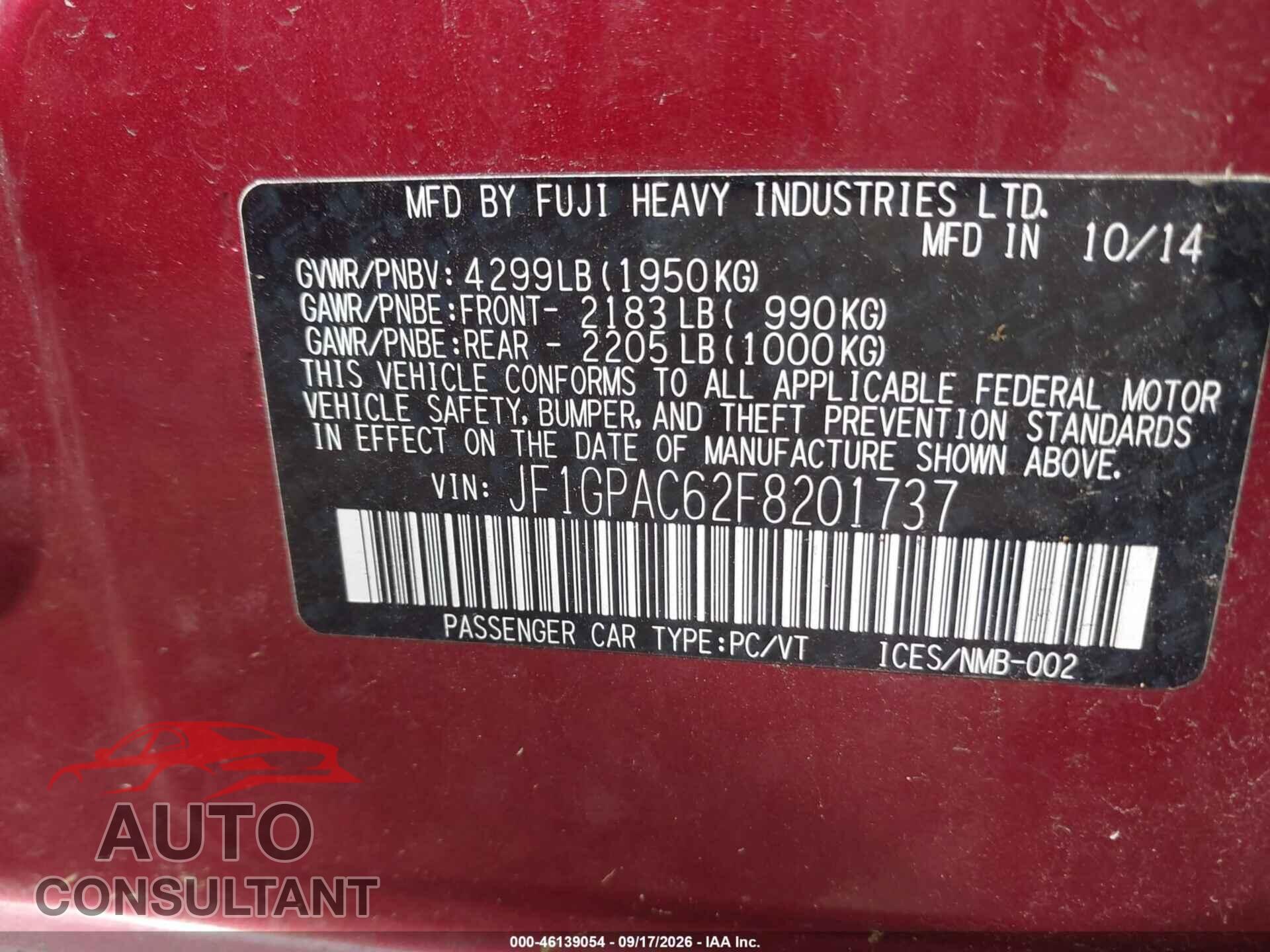 SUBARU IMPREZA 2015 - JF1GPAC62F8201737