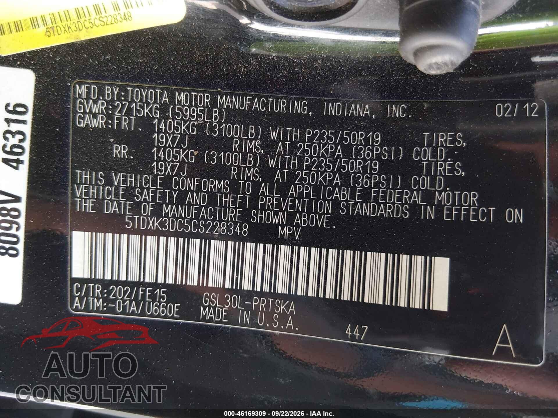 TOYOTA SIENNA 2012 - 5TDXK3DC5CS228348