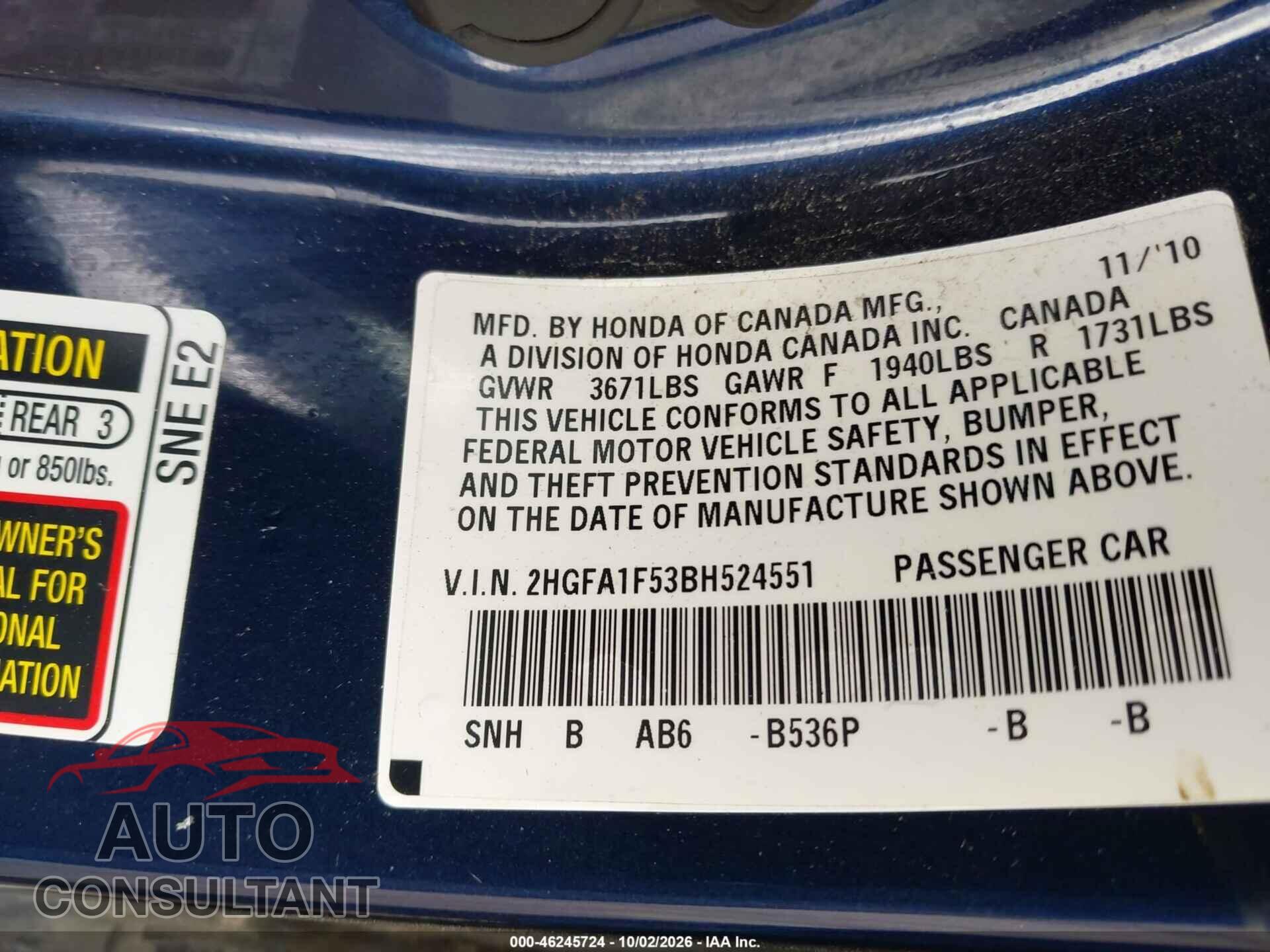HONDA CIVIC 2011 - 2HGFA1F53BH524551