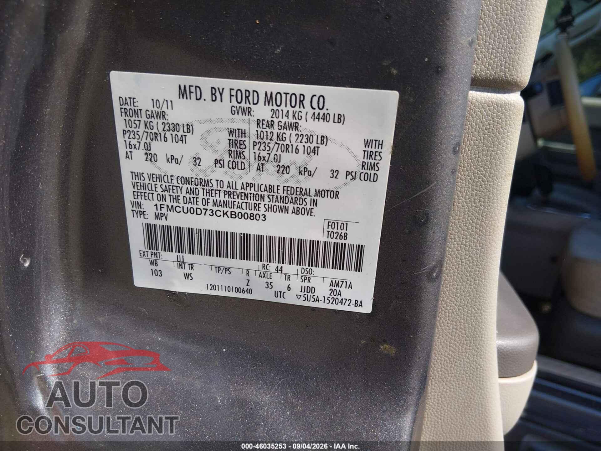 FORD ESCAPE 2012 - 1FMCU0D73CKB00803