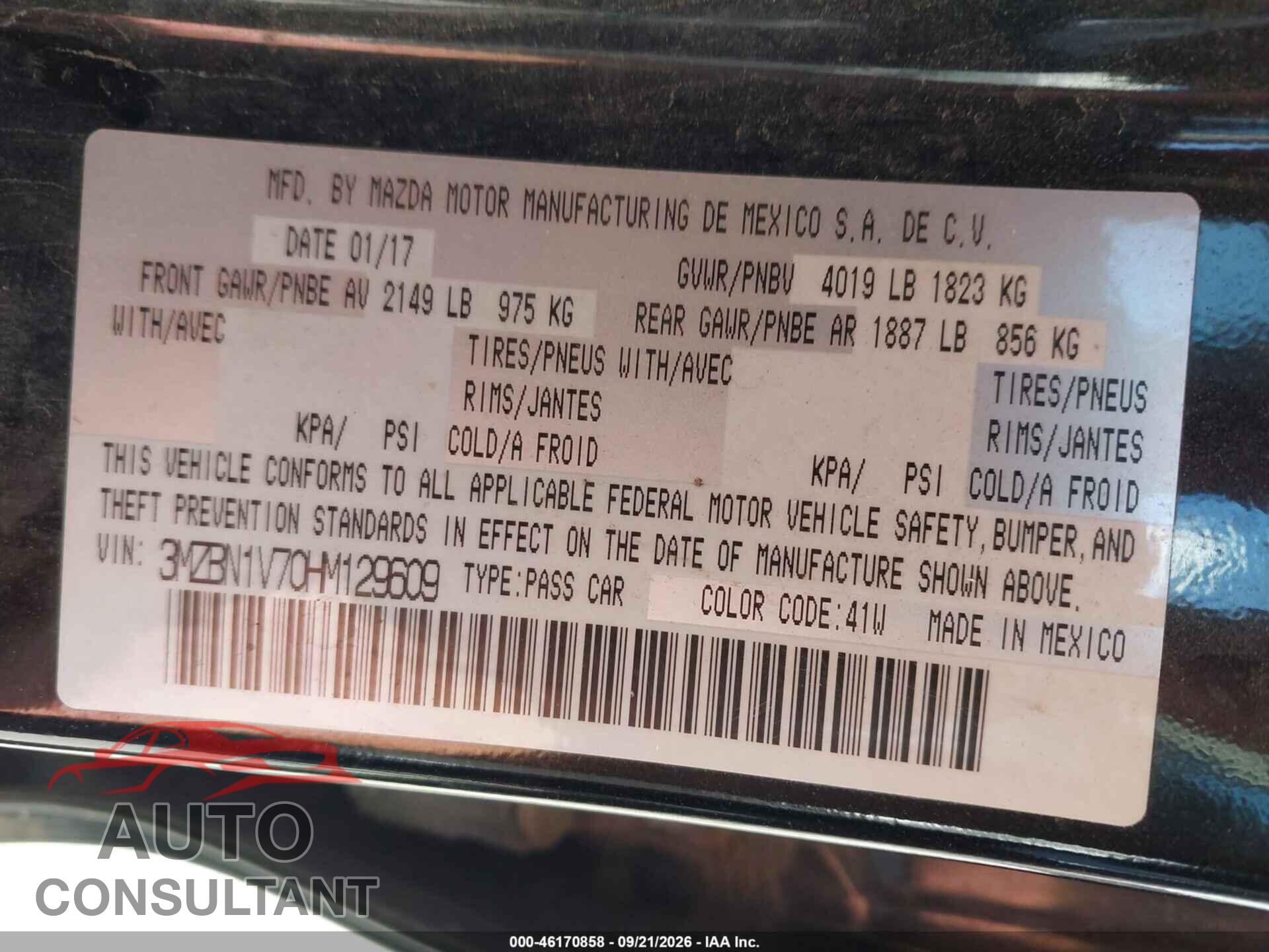 MAZDA MAZDA3 2017 - 3MZBN1V70HM129609