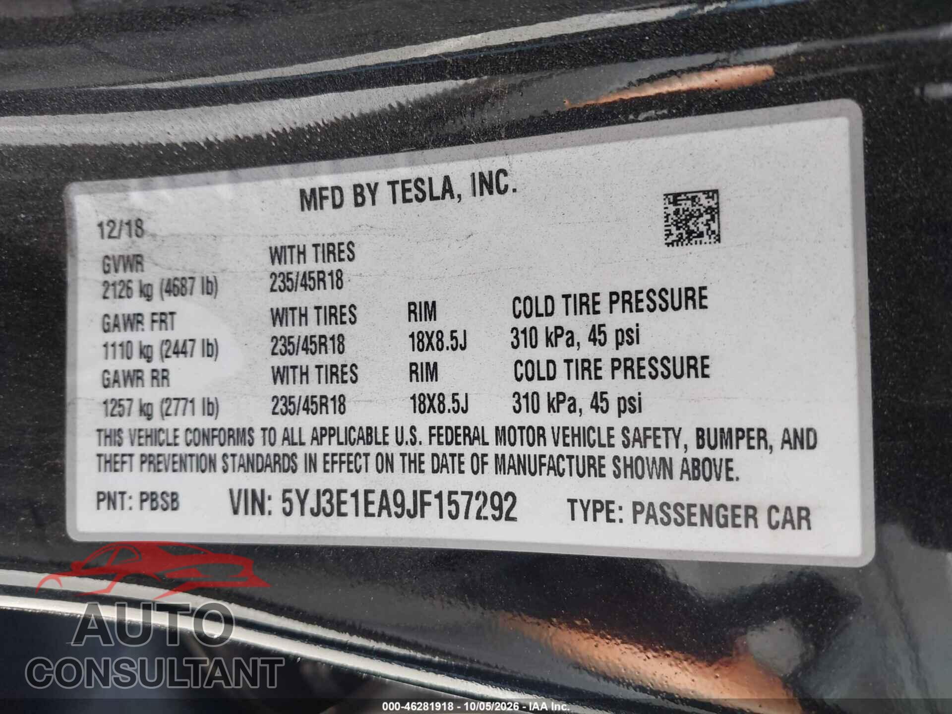 TESLA MODEL 3 2018 - 5YJ3E1EA9JF157292
