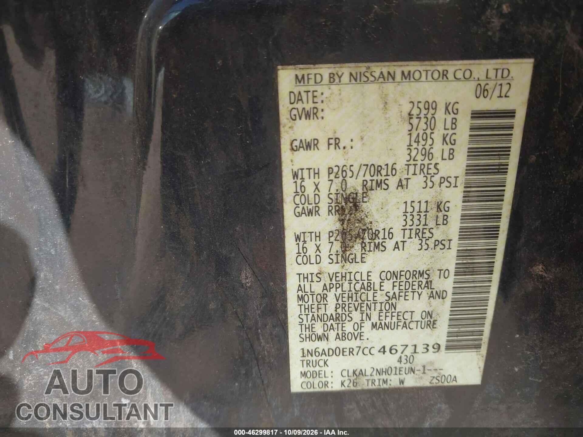 NISSAN FRONTIER 2012 - 1N6AD0ER7CC467139