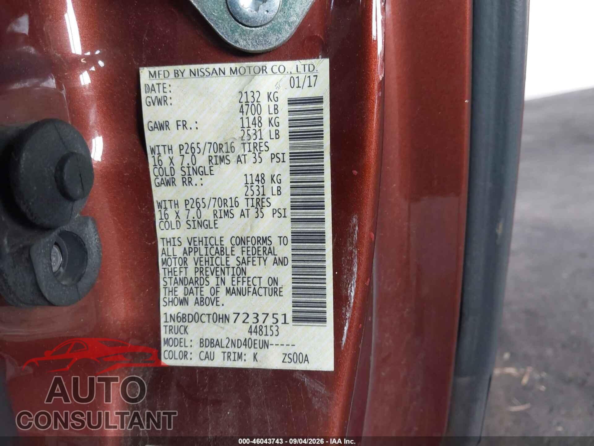 NISSAN FRONTIER 2017 - 1N6BD0CT0HN723751