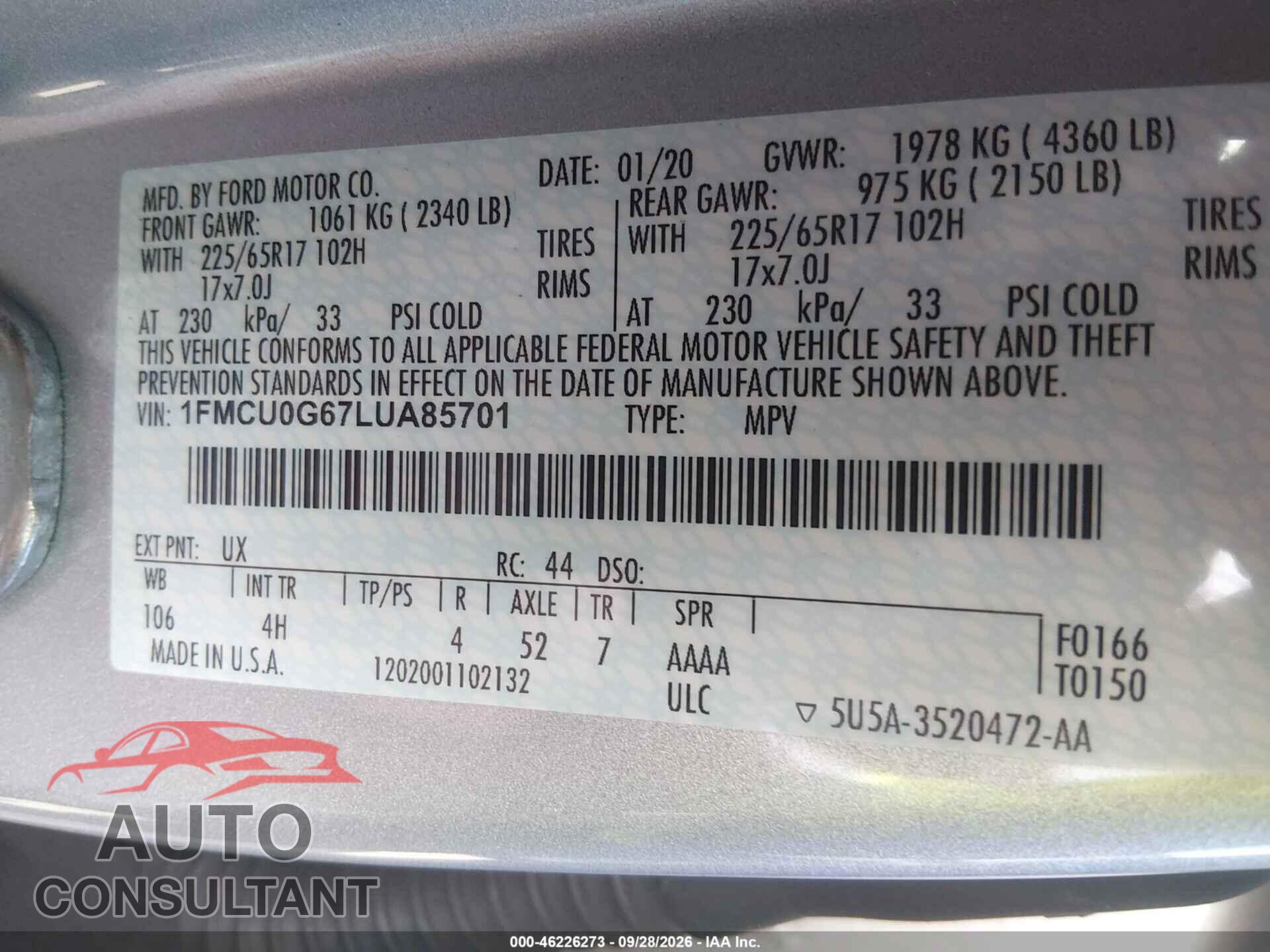 FORD ESCAPE 2020 - 1FMCU0G67LUA85701