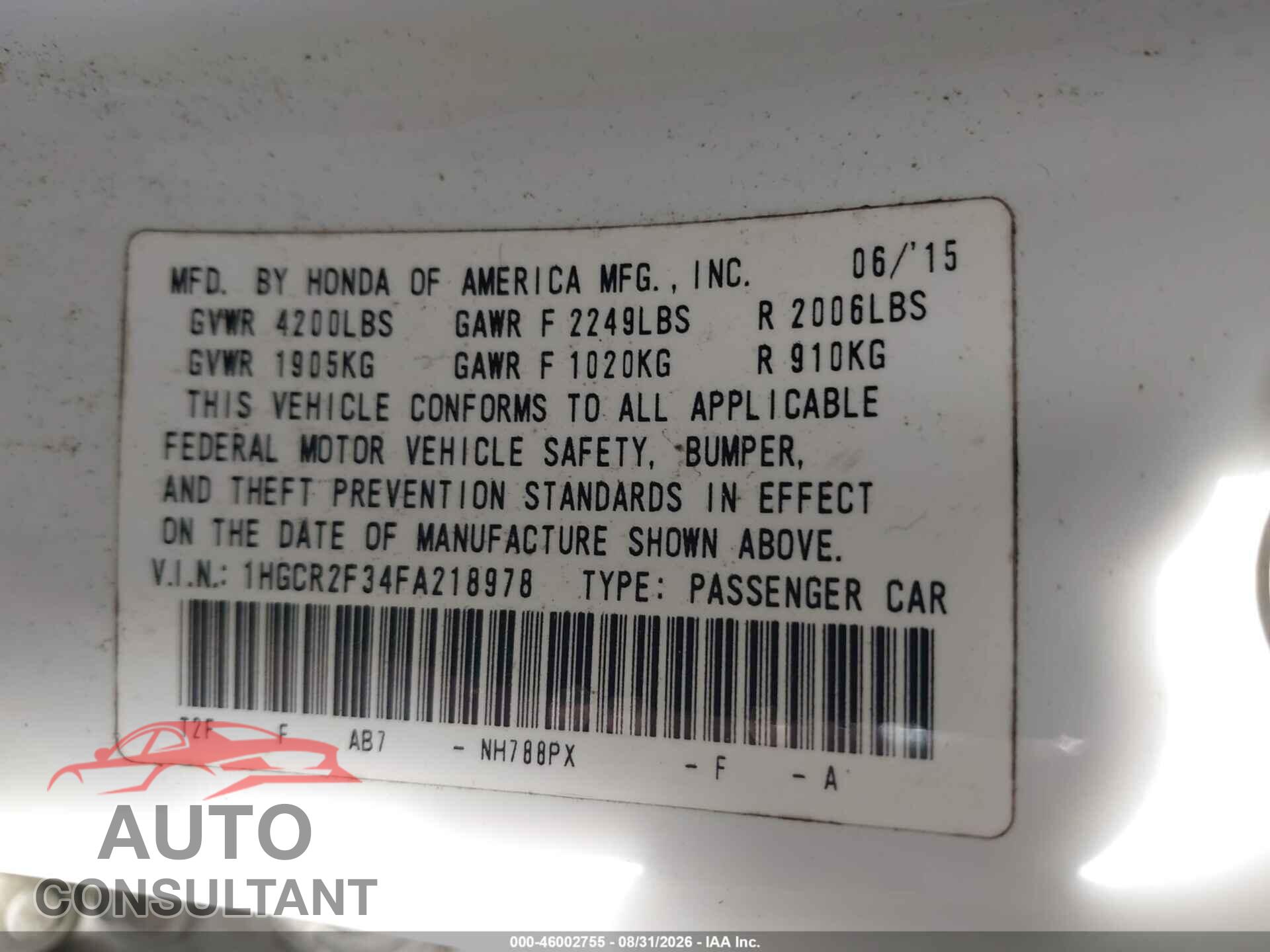 HONDA ACCORD 2015 - 1HGCR2F34FA218978