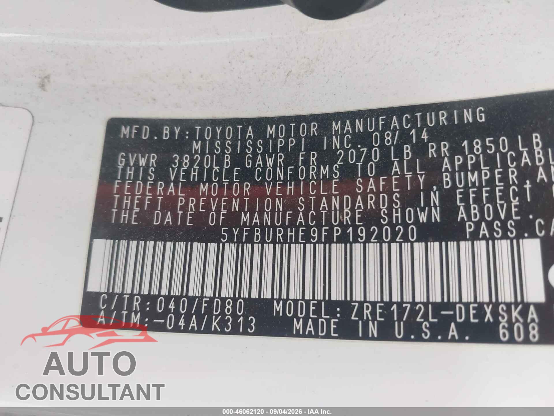 TOYOTA COROLLA 2015 - 5YFBURHE9FP192020