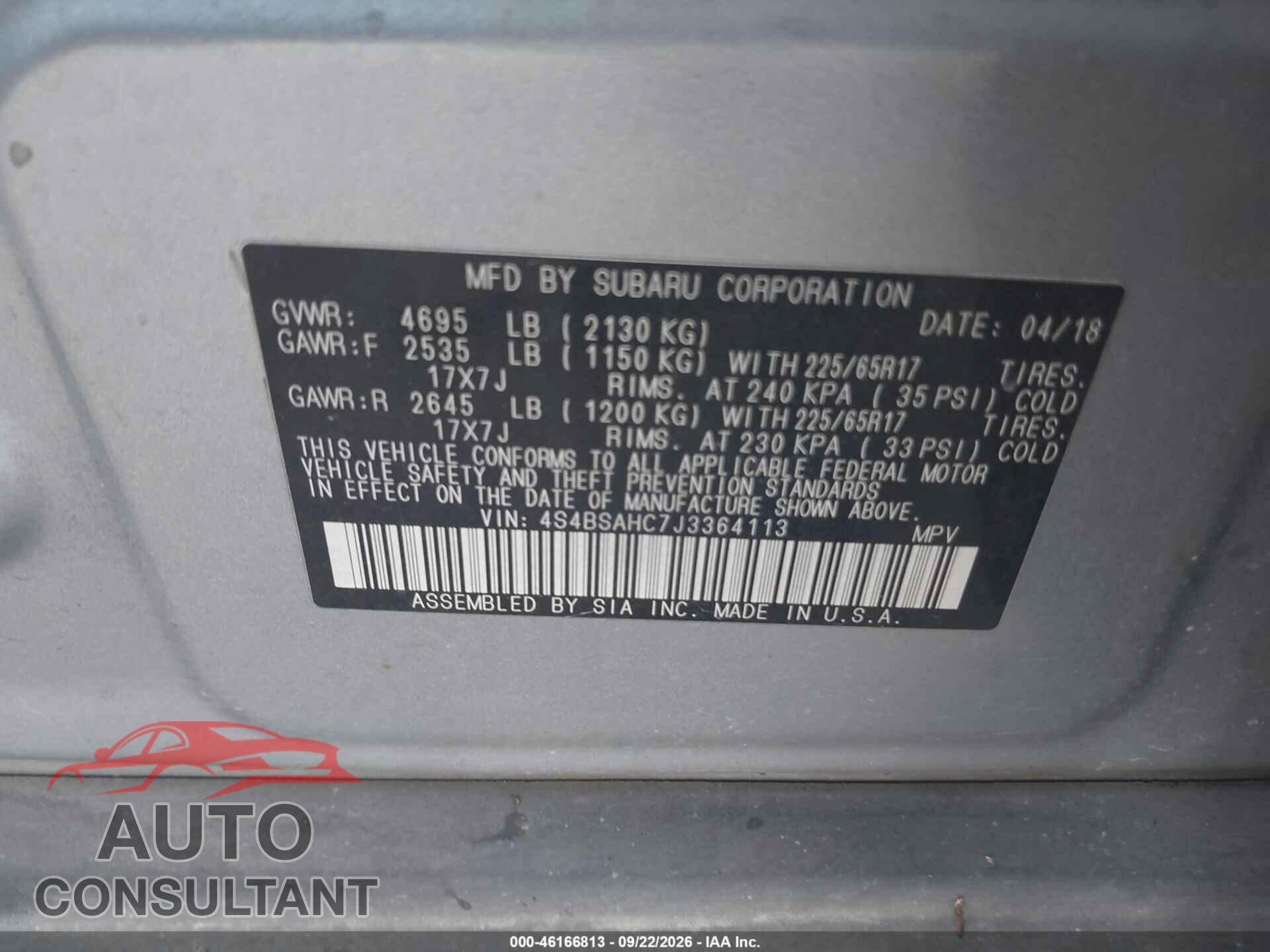 SUBARU OUTBACK 2018 - 4S4BSAHC7J3364113