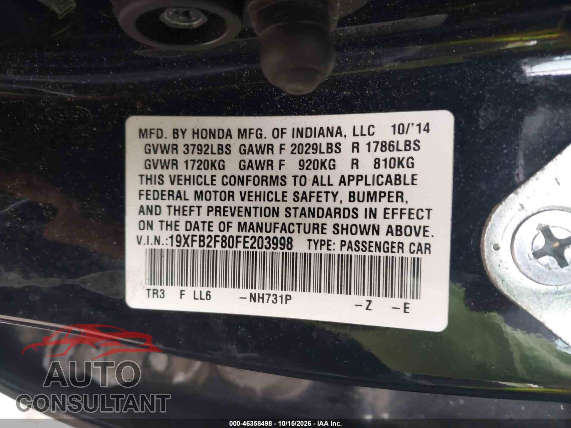 HONDA CIVIC 2015 - 19XFB2F80FE203998