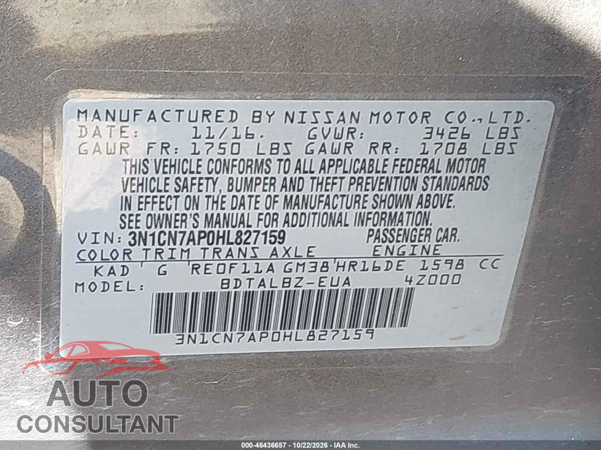 NISSAN VERSA 2017 - 3N1CN7AP0HL827159