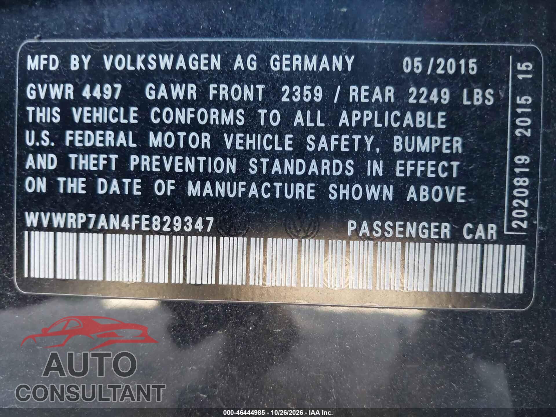 VOLKSWAGEN CC 2015 - WVWRP7AN4FE829347