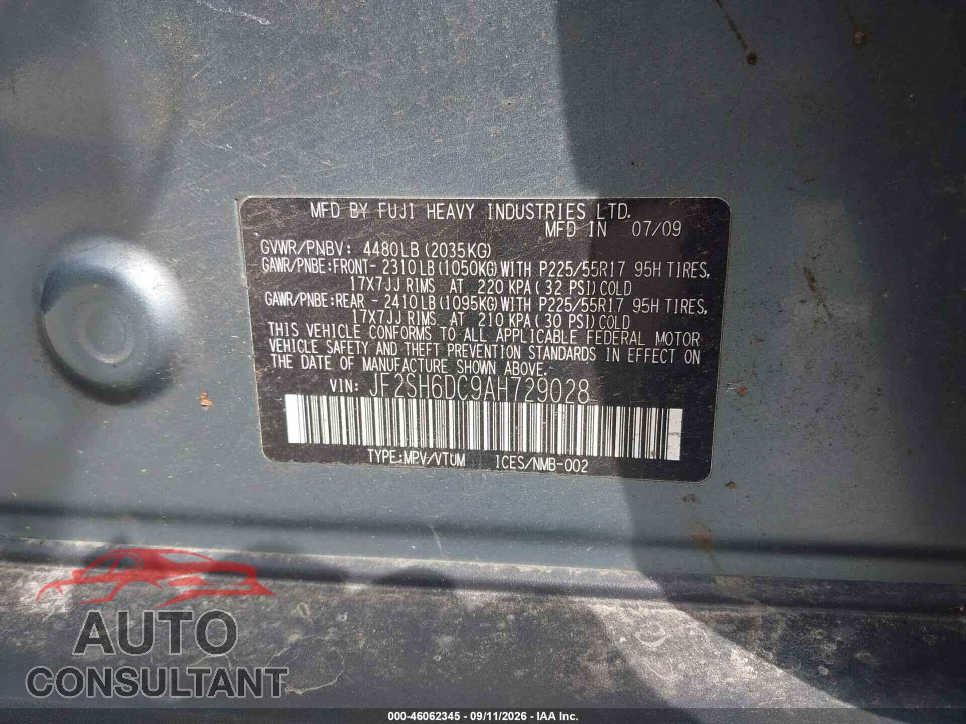 SUBARU FORESTER 2010 - JF2SH6DC9AH729028