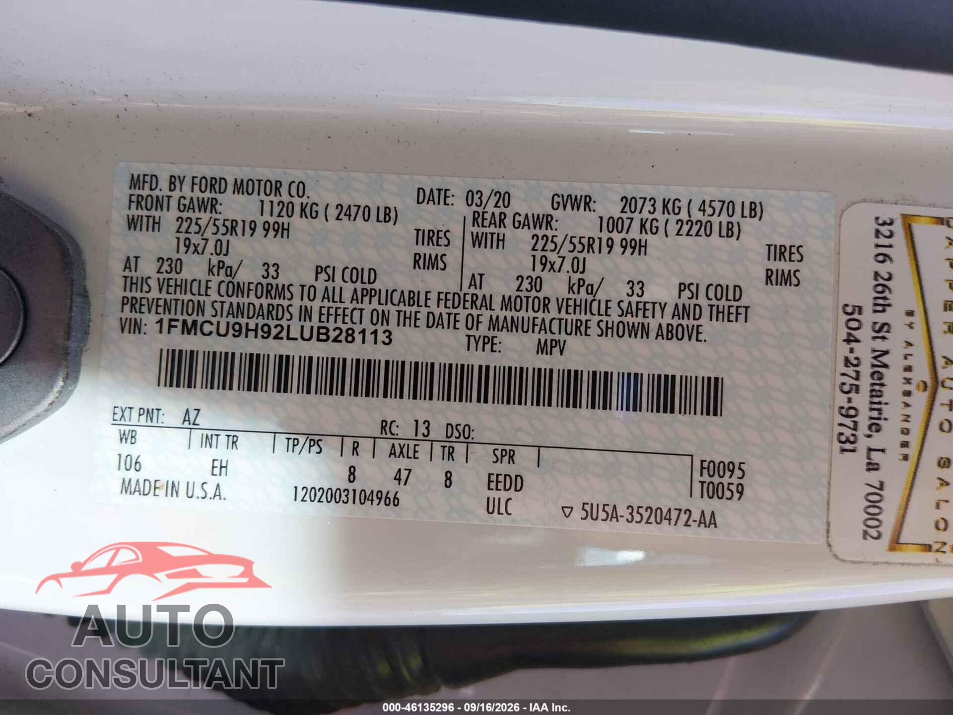 FORD ESCAPE 2020 - 1FMCU9H92LUB28113