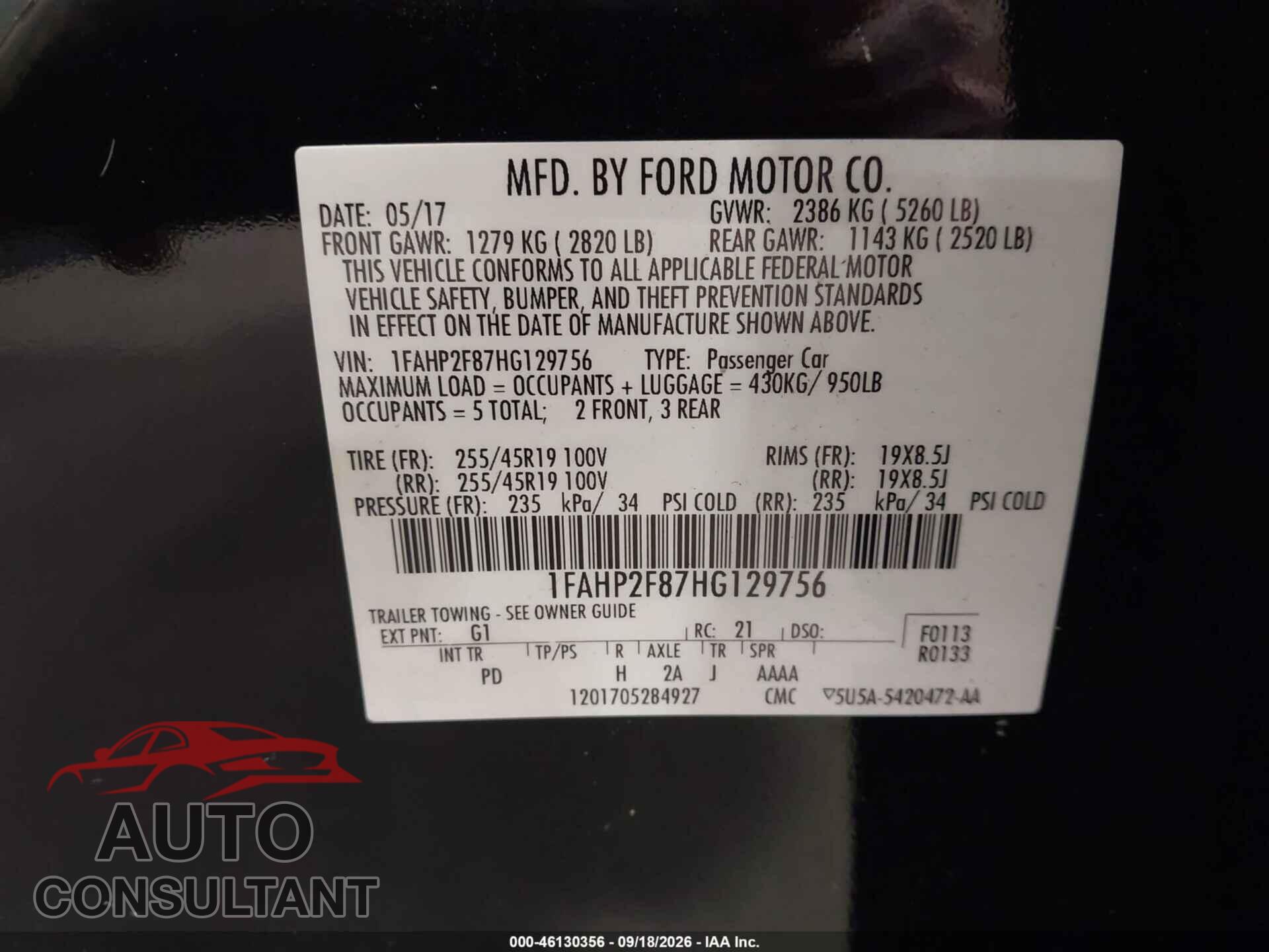 FORD TAURUS 2017 - 1FAHP2F87HG129756