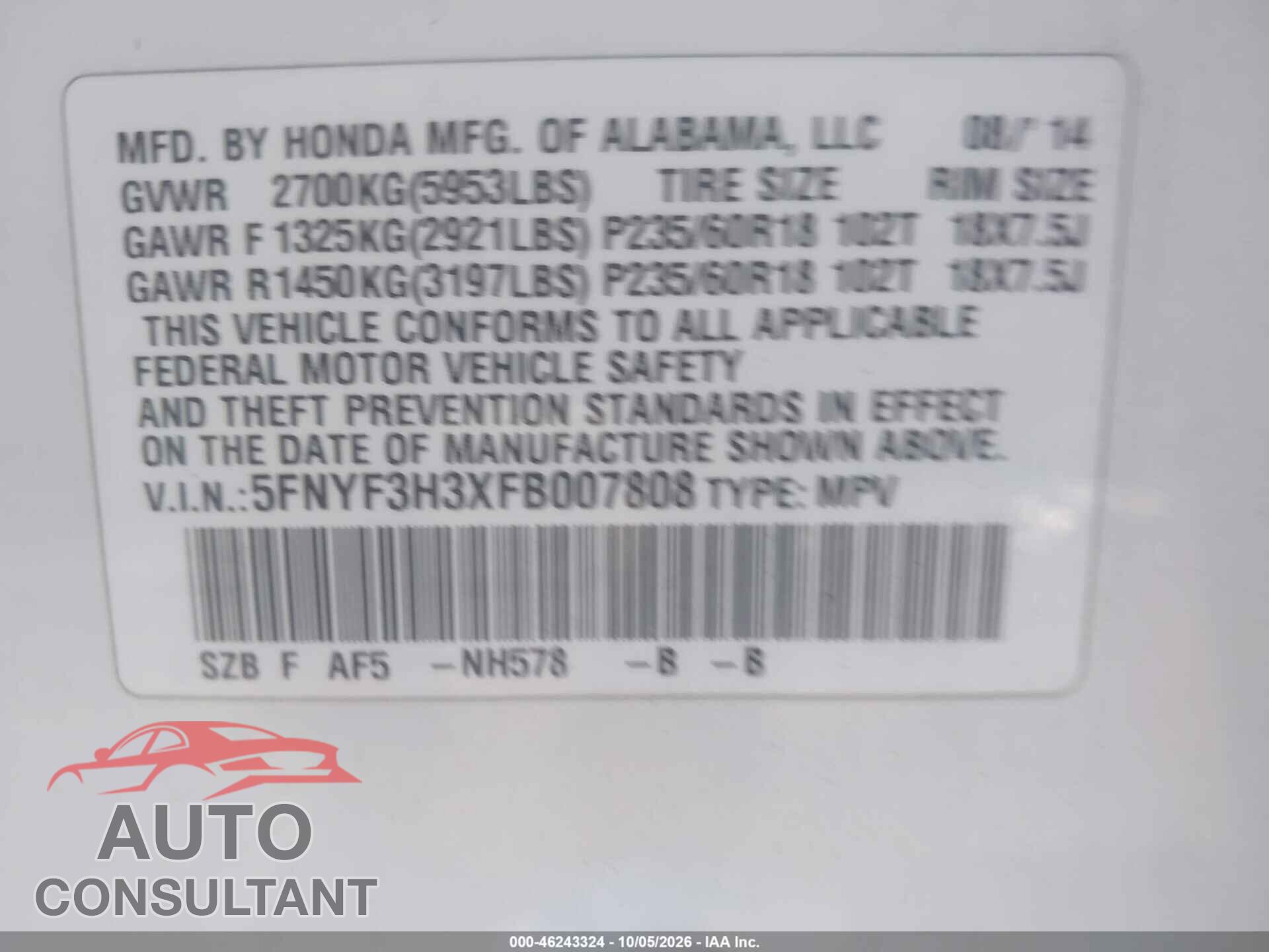 HONDA PILOT 2015 - 5FNYF3H3XFB007808