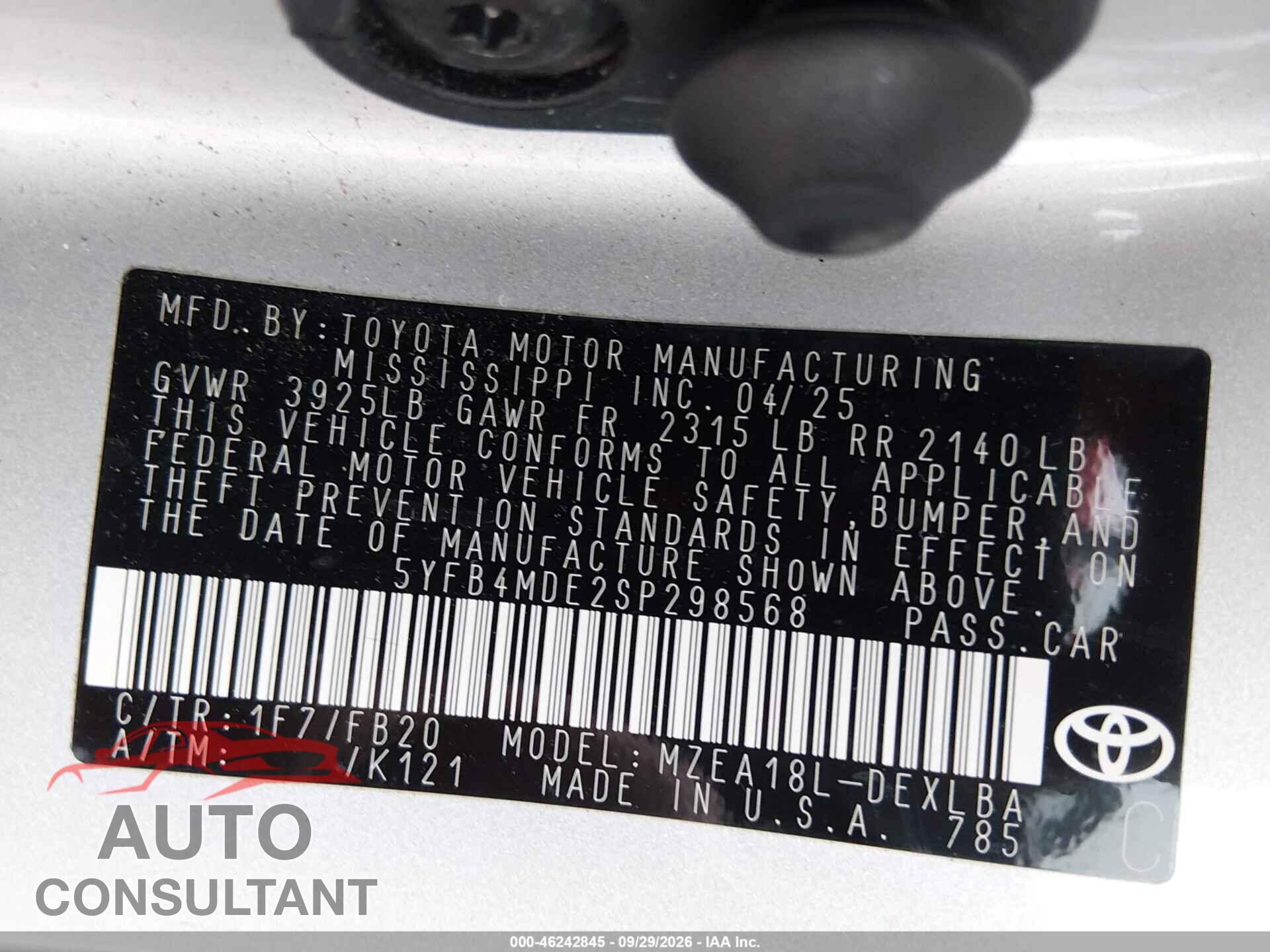 TOYOTA COROLLA 2025 - 5YFB4MDE2SP298568
