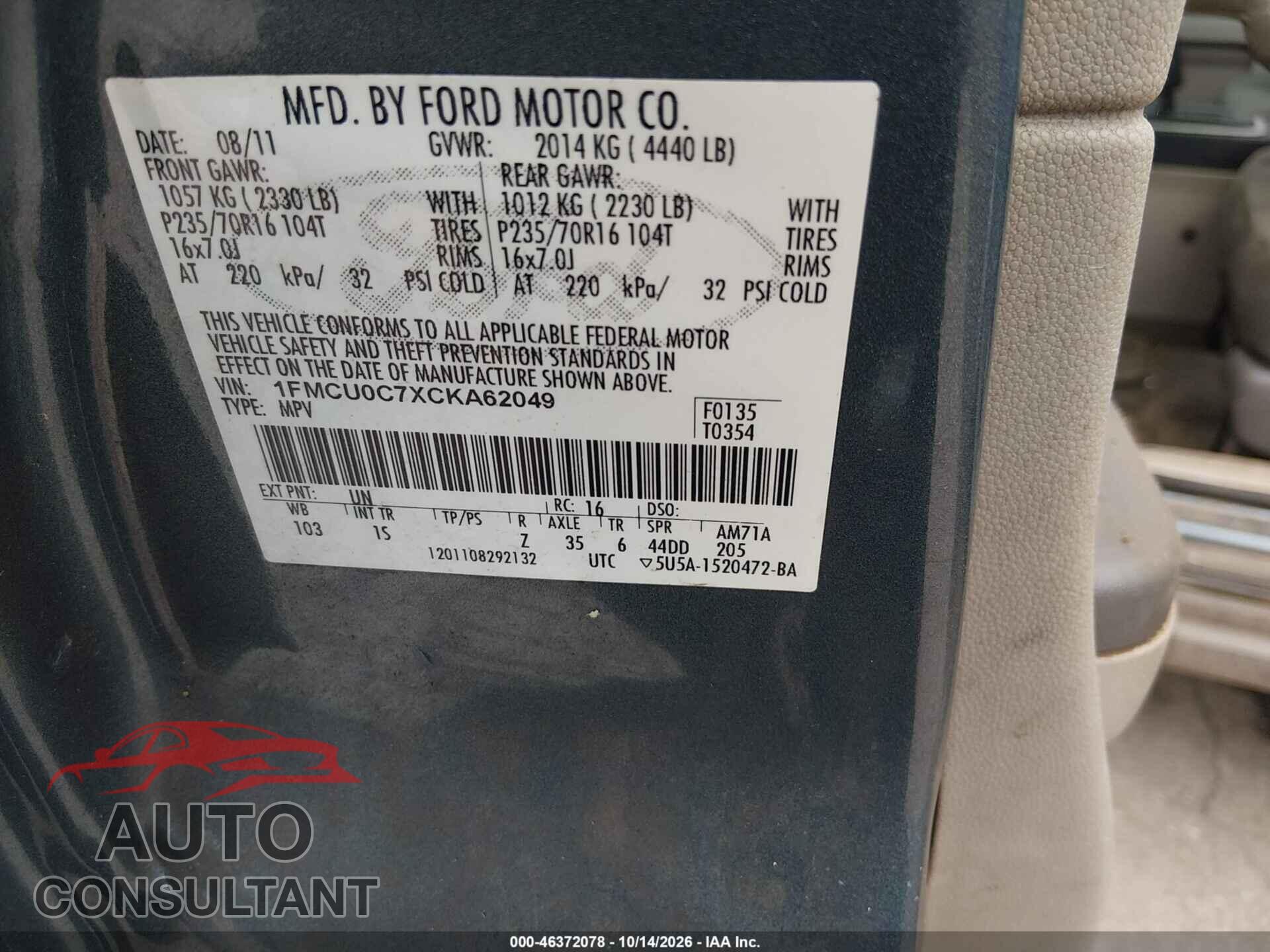 FORD ESCAPE 2012 - 1FMCU0C7XCKA62049