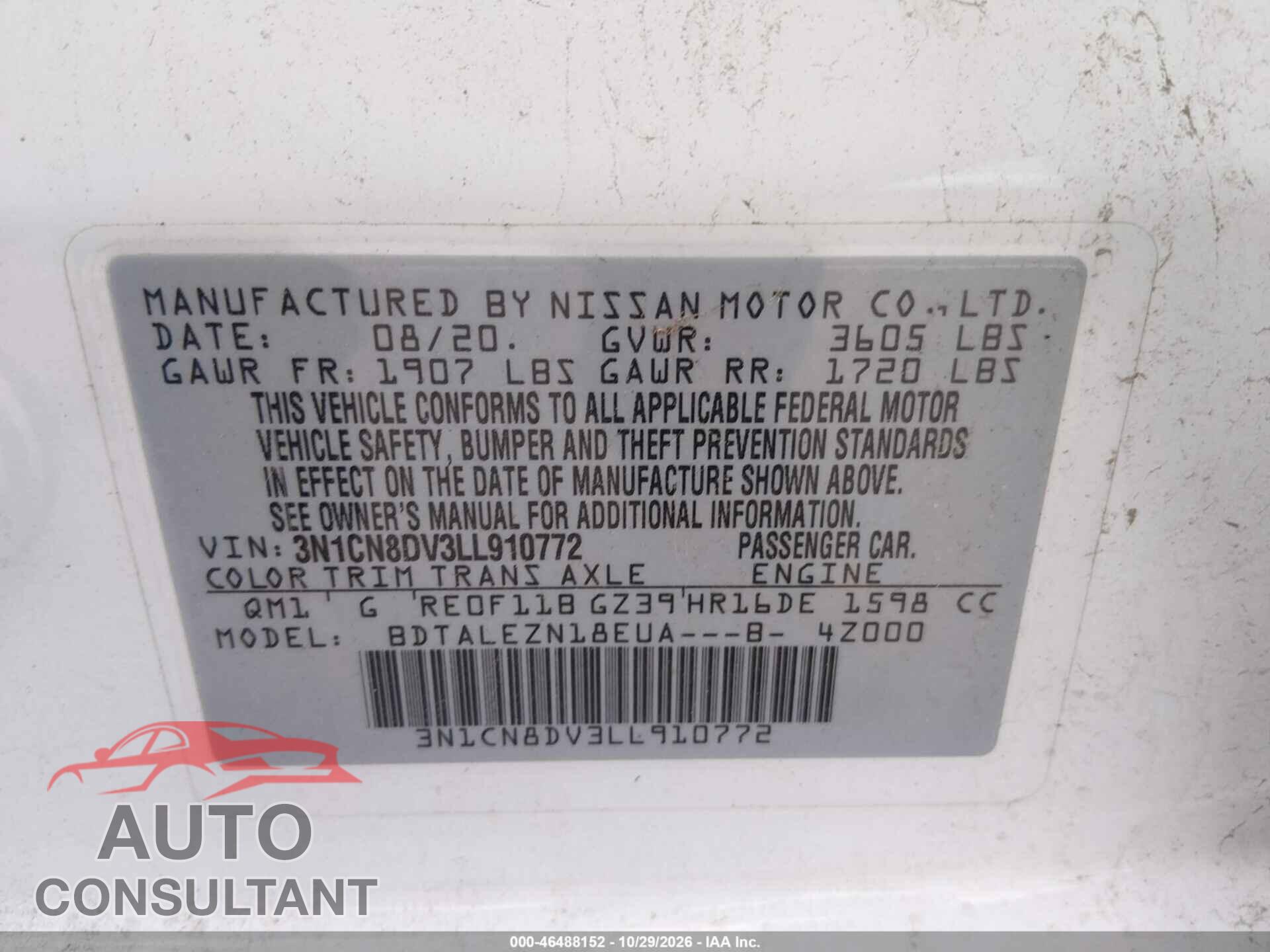 NISSAN VERSA 2020 - 3N1CN8DV3LL910772