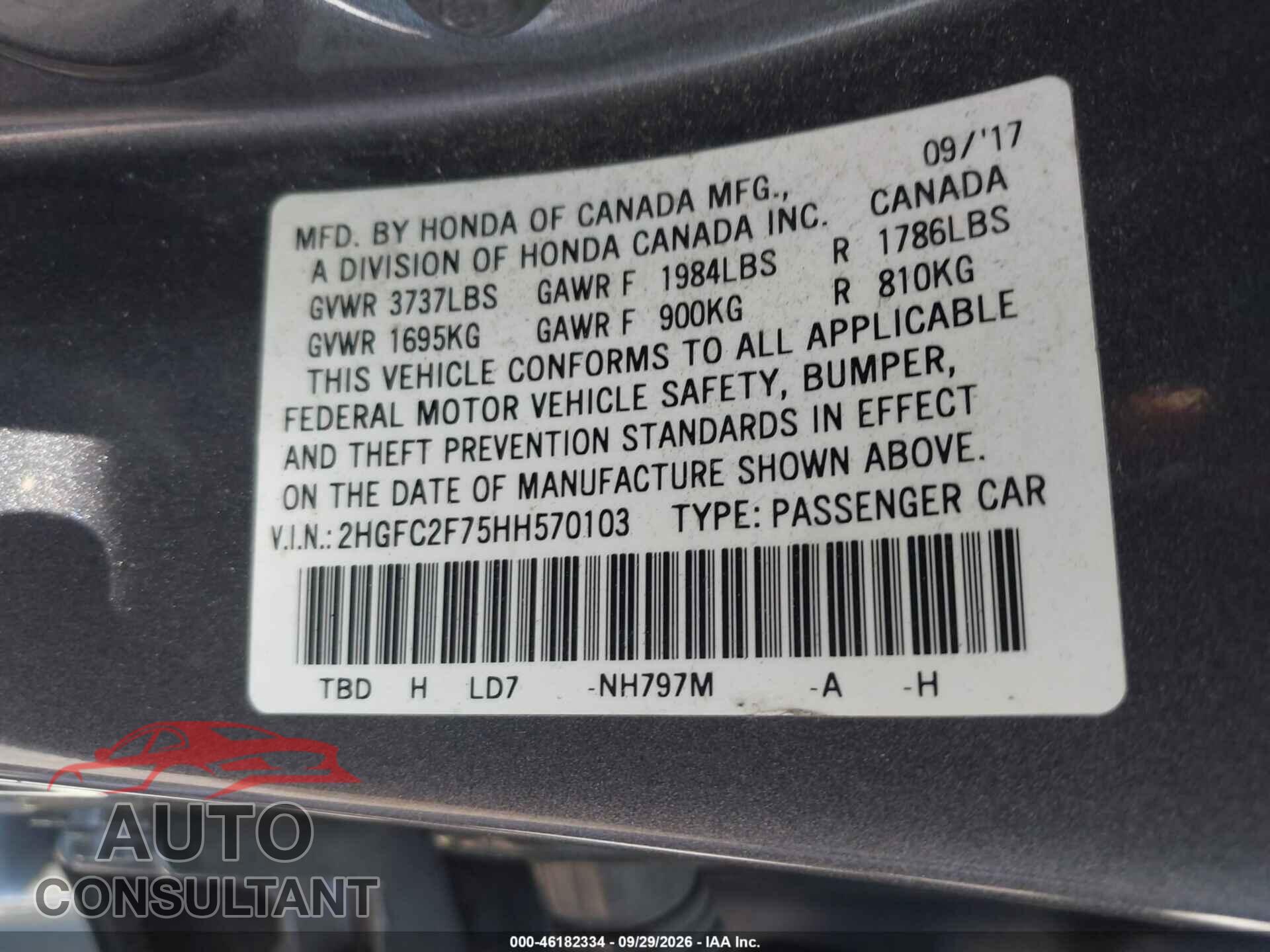 HONDA CIVIC 2017 - 2HGFC2F75HH570103