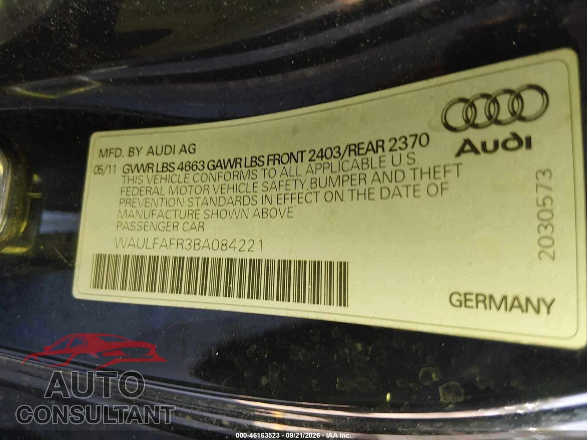 AUDI A5 2011 - WAULFAFR3BA084221