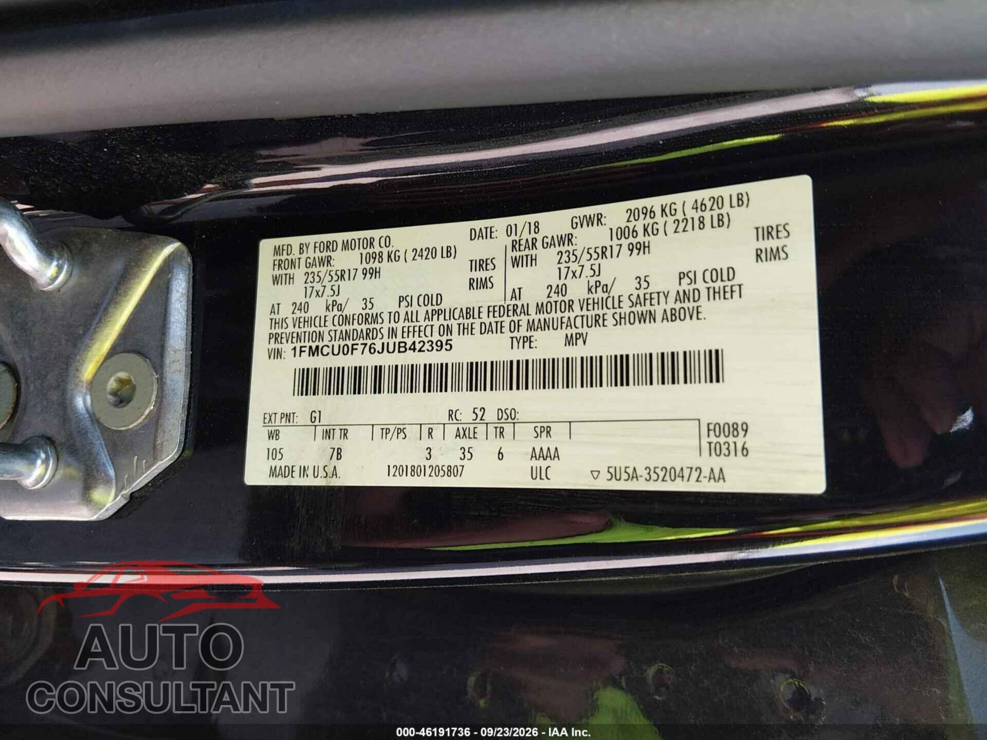 FORD ESCAPE 2018 - 1FMCU0F76JUB42395