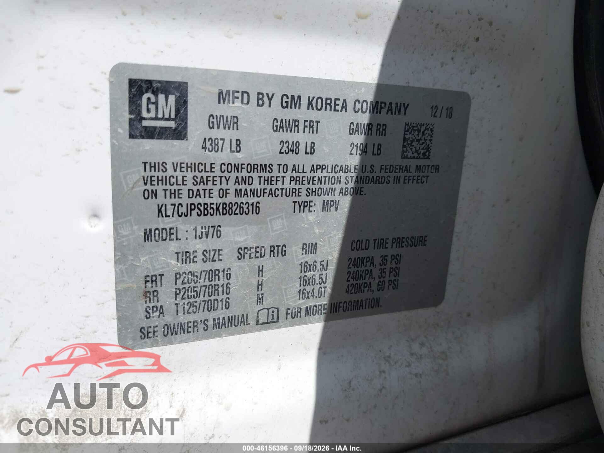 CHEVROLET TRAX 2019 - KL7CJPSB5KB826316