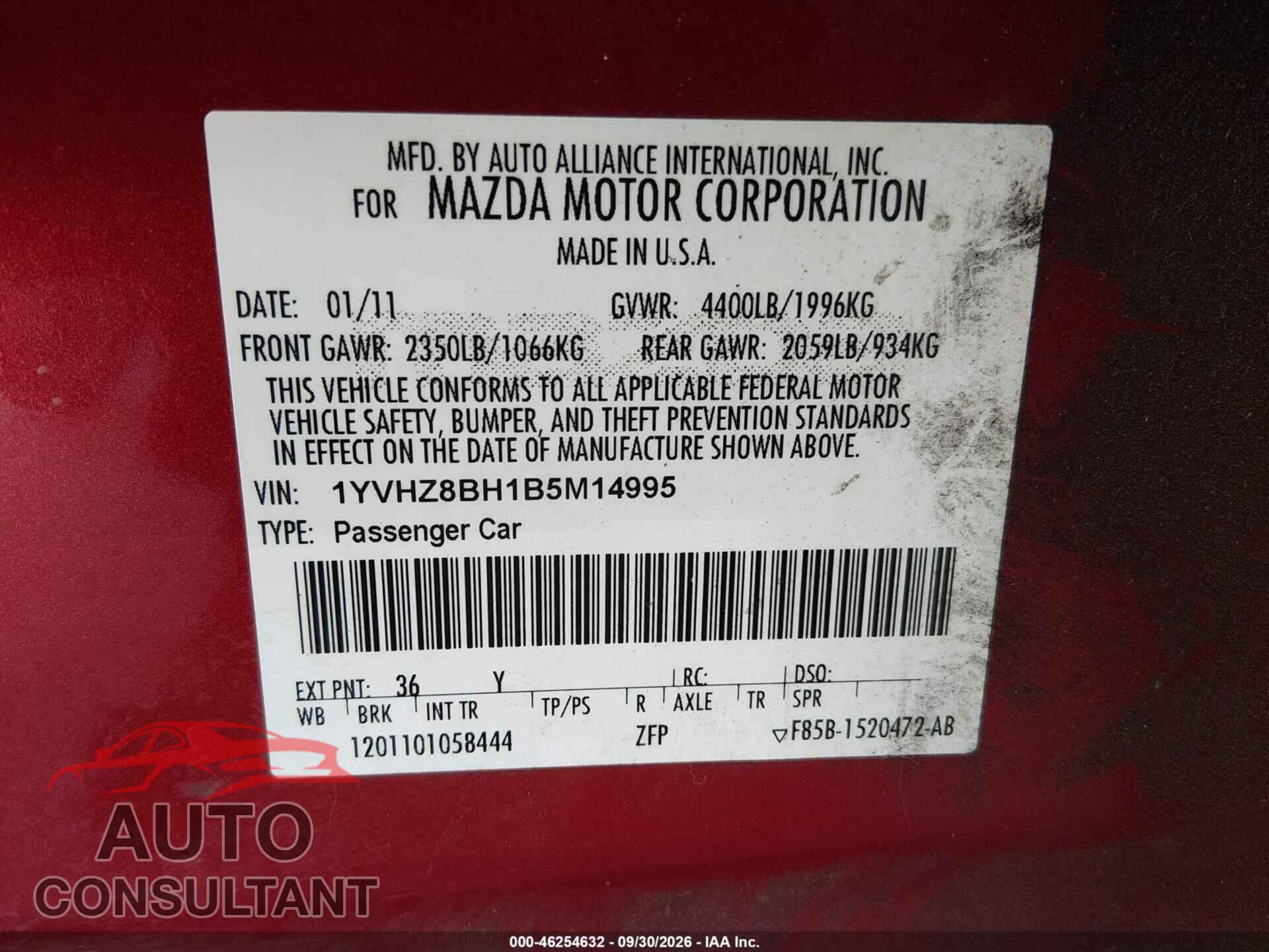 MAZDA MAZDA6 2011 - 1YVHZ8BH1B5M14995