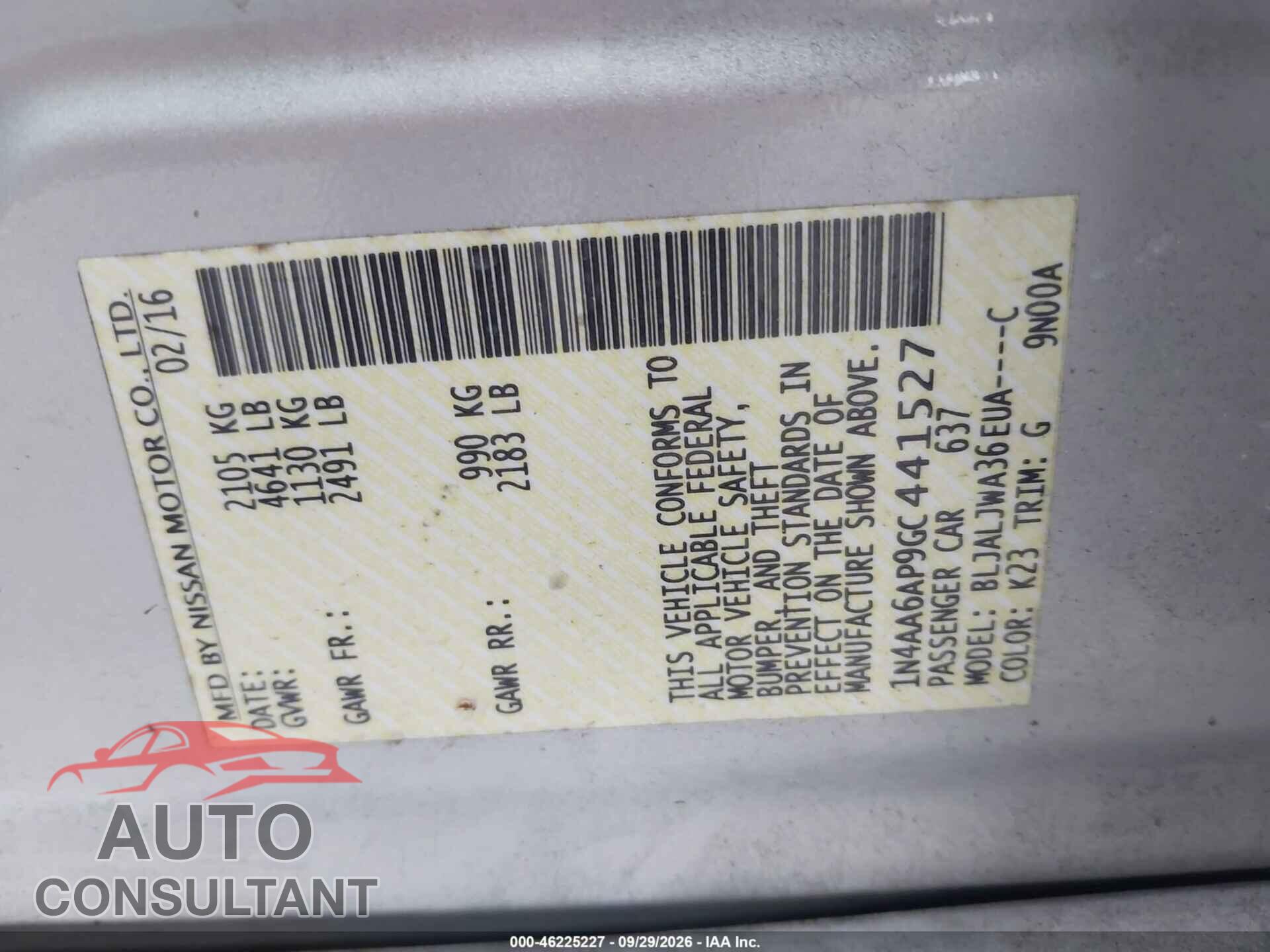NISSAN MAXIMA 2016 - 1N4AA6AP9GC441527