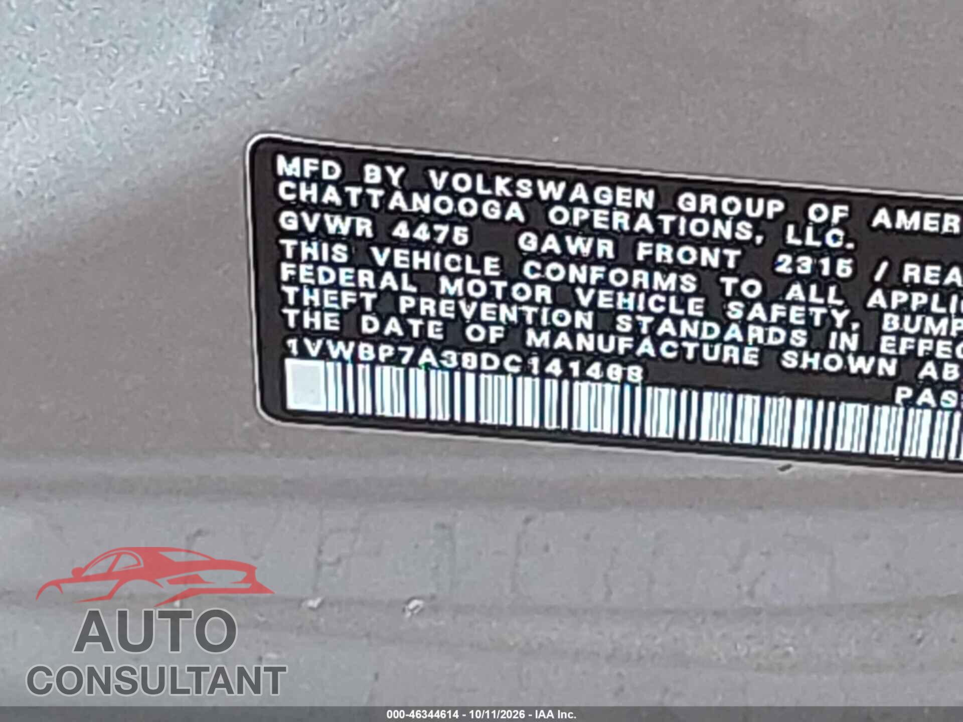 VOLKSWAGEN PASSAT 2013 - 1VWBP7A38DC141468
