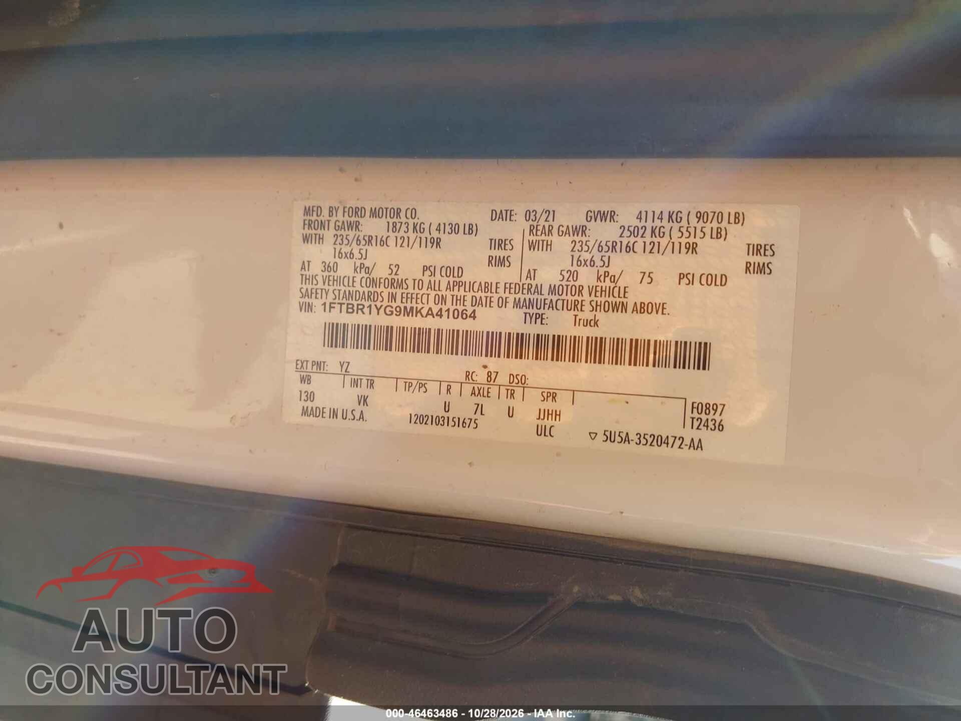 FORD TRANSIT-250 2021 - 1FTBR1YG9MKA41064