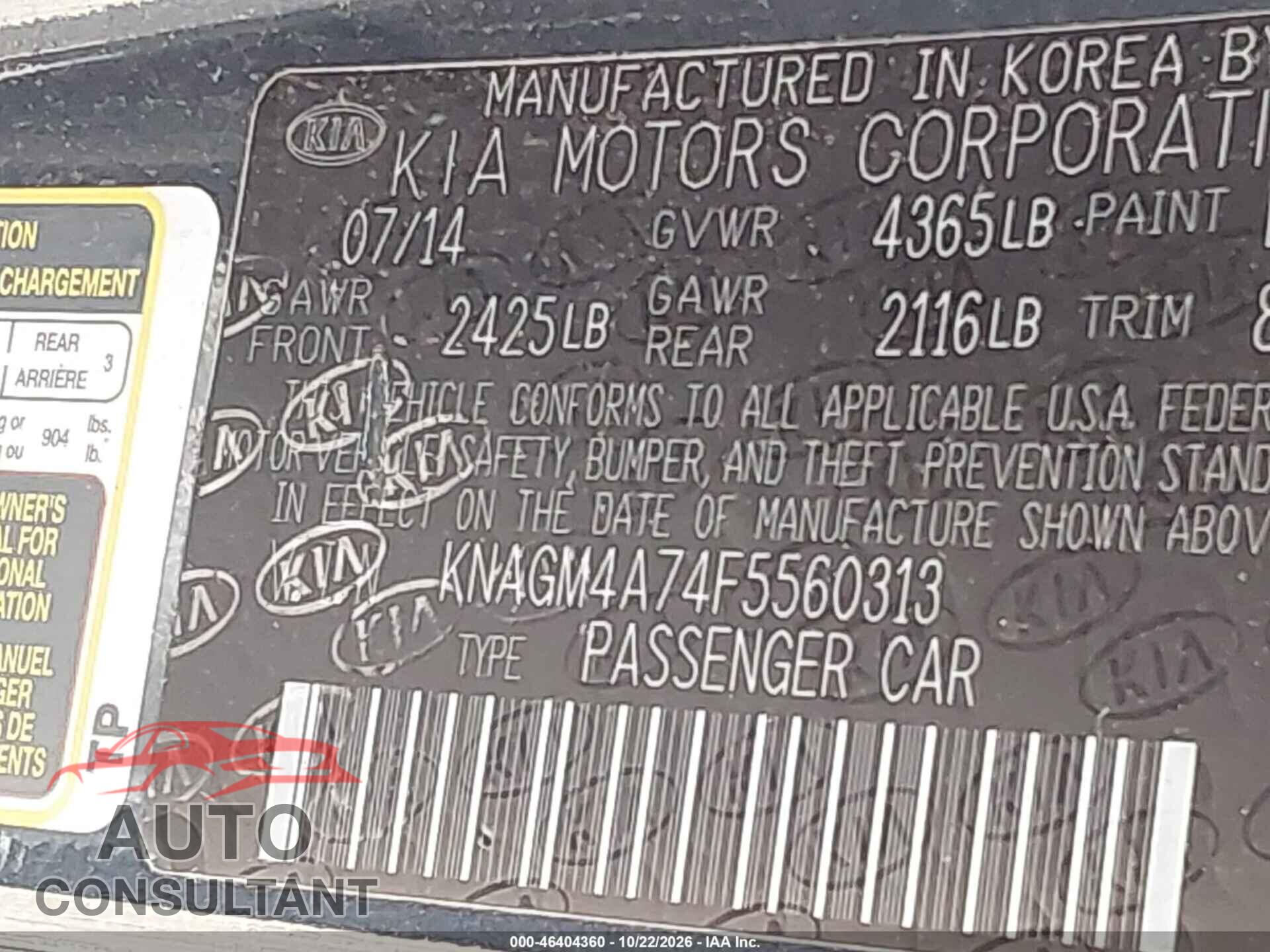 KIA OPTIMA 2015 - KNAGM4A74F5560313